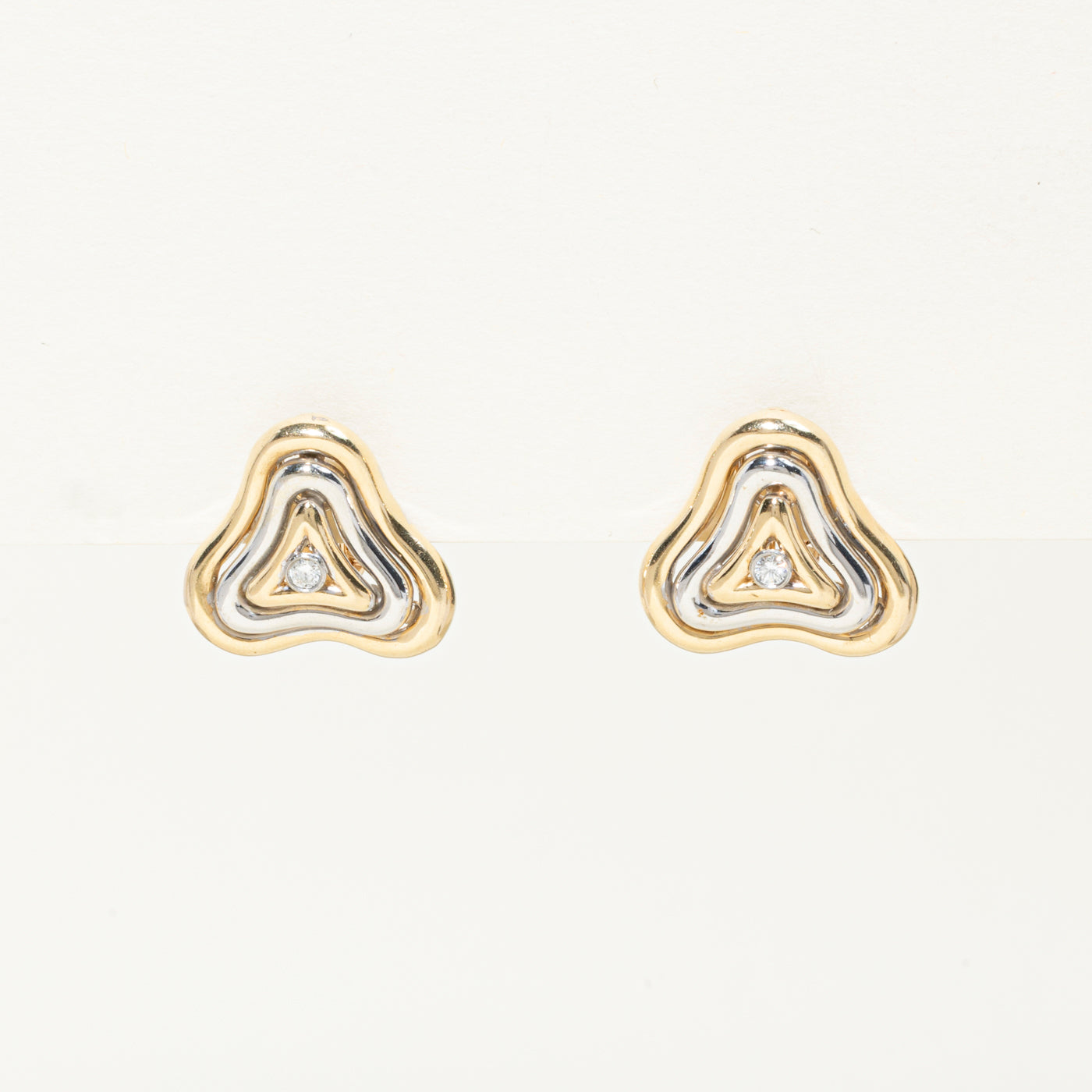 Two Tone Gold Diamond Grooved Triangle Stud Earrings | 0.12ctw