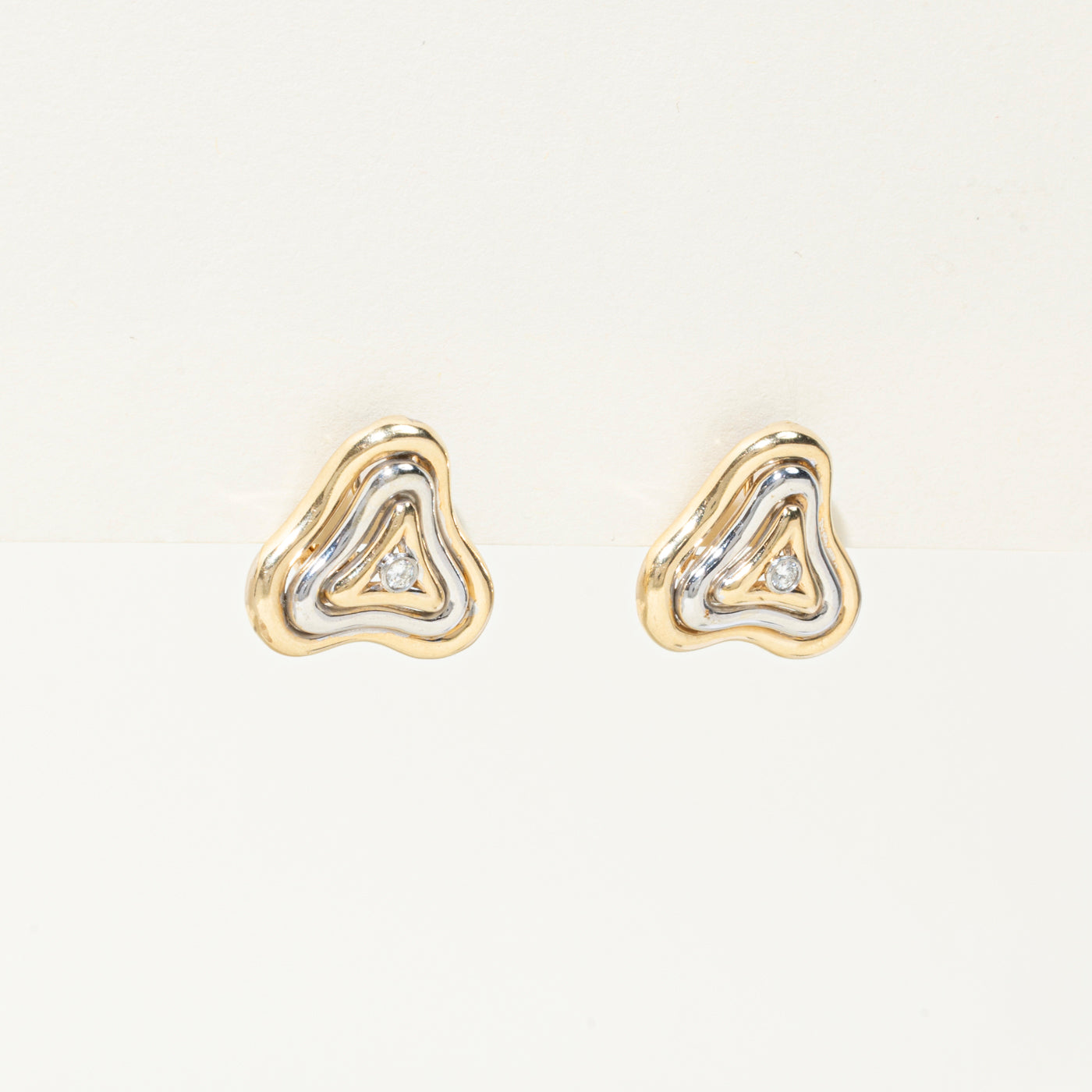 Two Tone Gold Diamond Grooved Triangle Stud Earrings | 0.12ctw