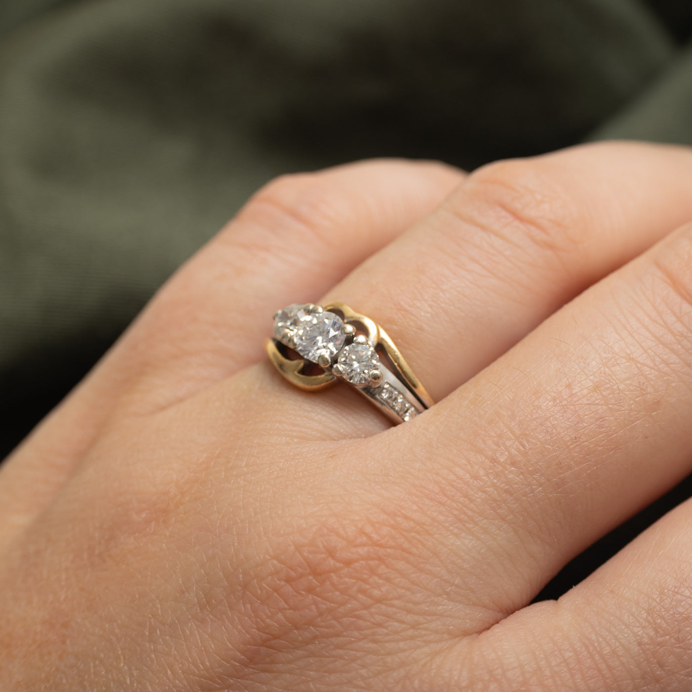Two Tone Gold Three Stone Diamond Accented Ring | 1.04ctw | SZ 6