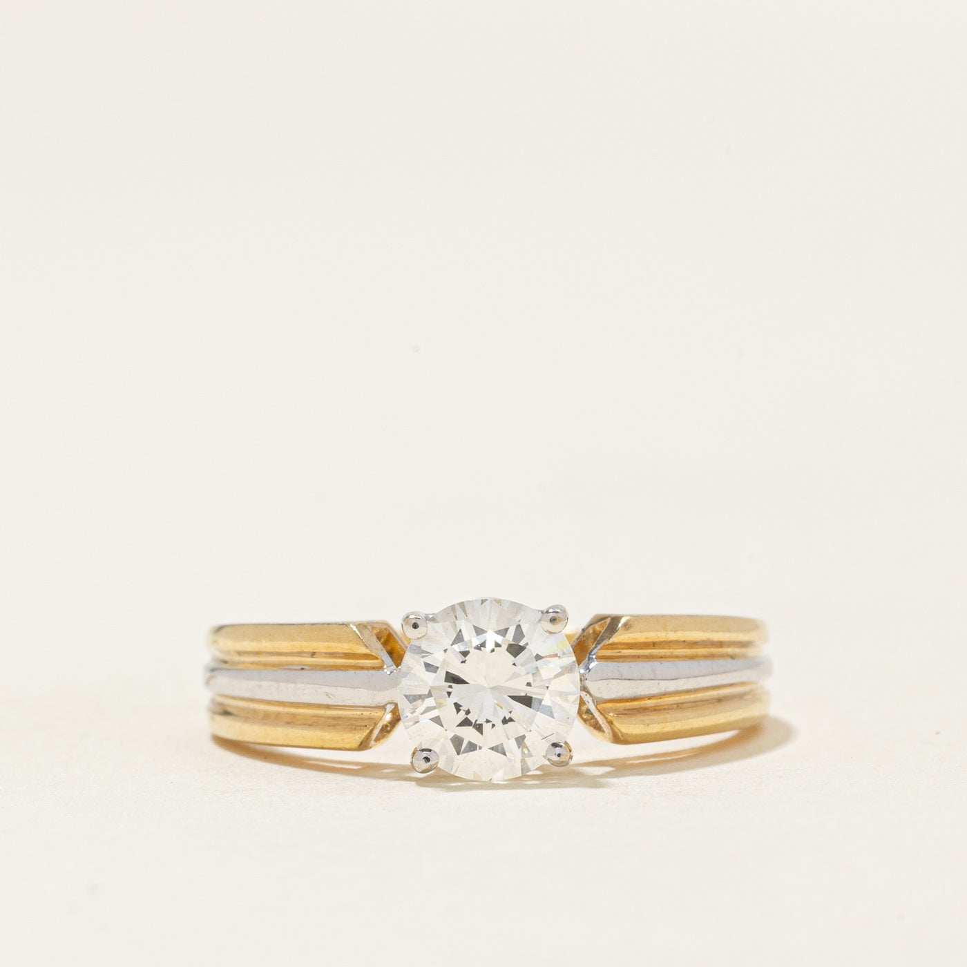 Two Tone Gold Solitaire Diamond Grooved Ring | 0.74ct SI1/SI2 F/G | SZ 6.25 |