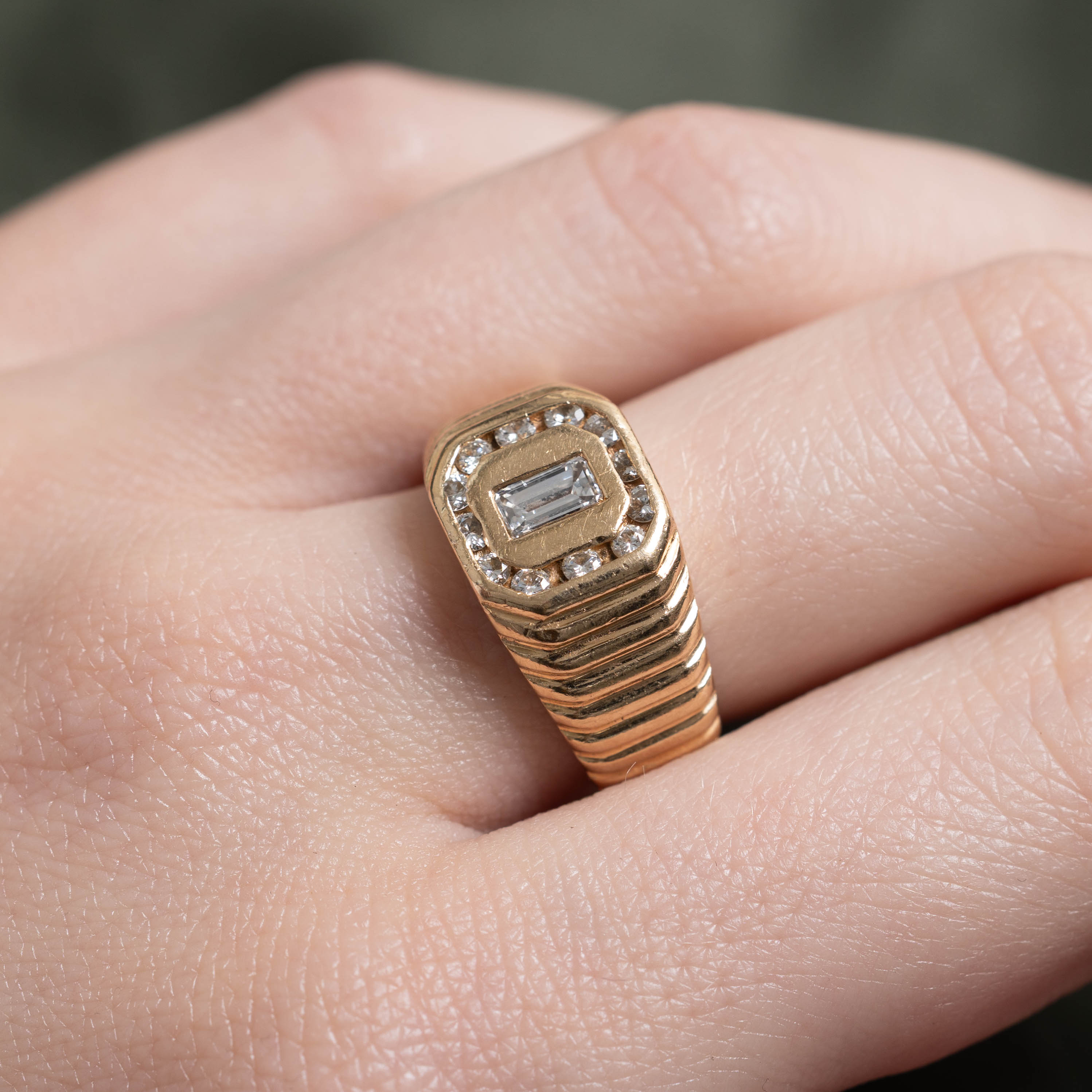 14k Emerald Cut Diamond Halo Fluted Signet Ring | 0.61ctw | SZ 7