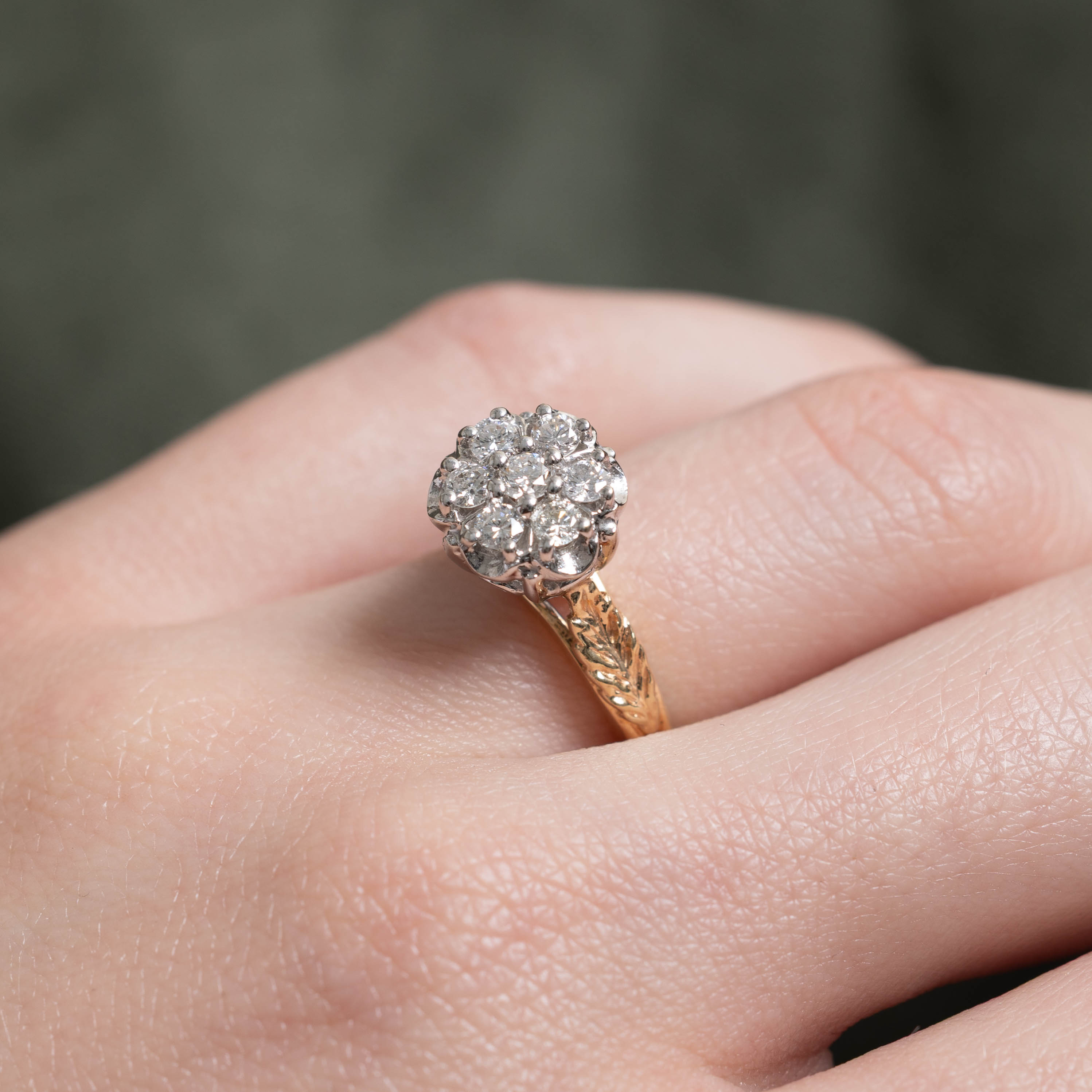 14k Diamond Daisy Cluster Leaf Engraved Ring | 0.45ctw | SZ 5.25