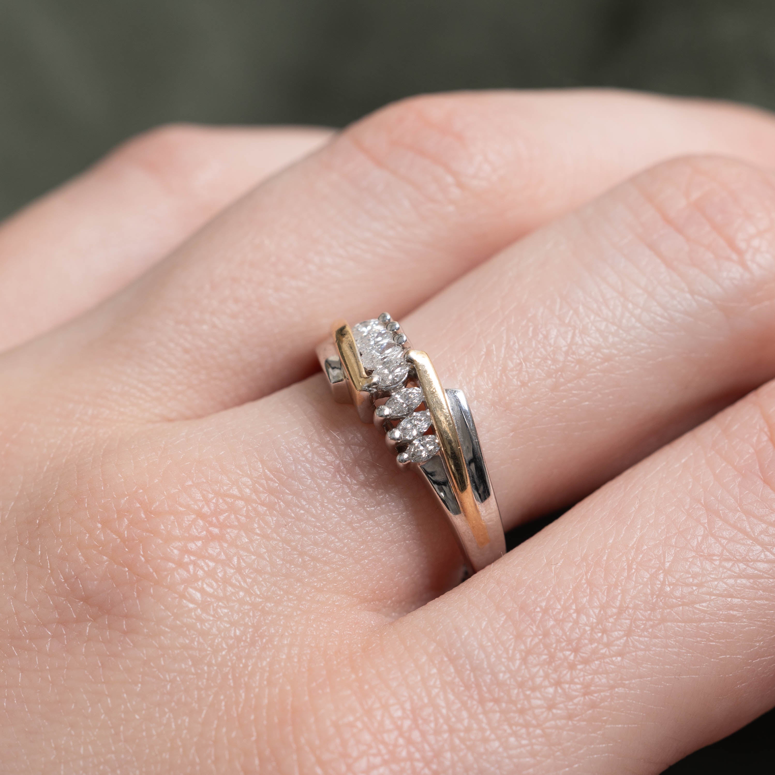 14k Two Tone Marquise Cut Diagonal Diamond Ring | 0.40ctw | SZ 7