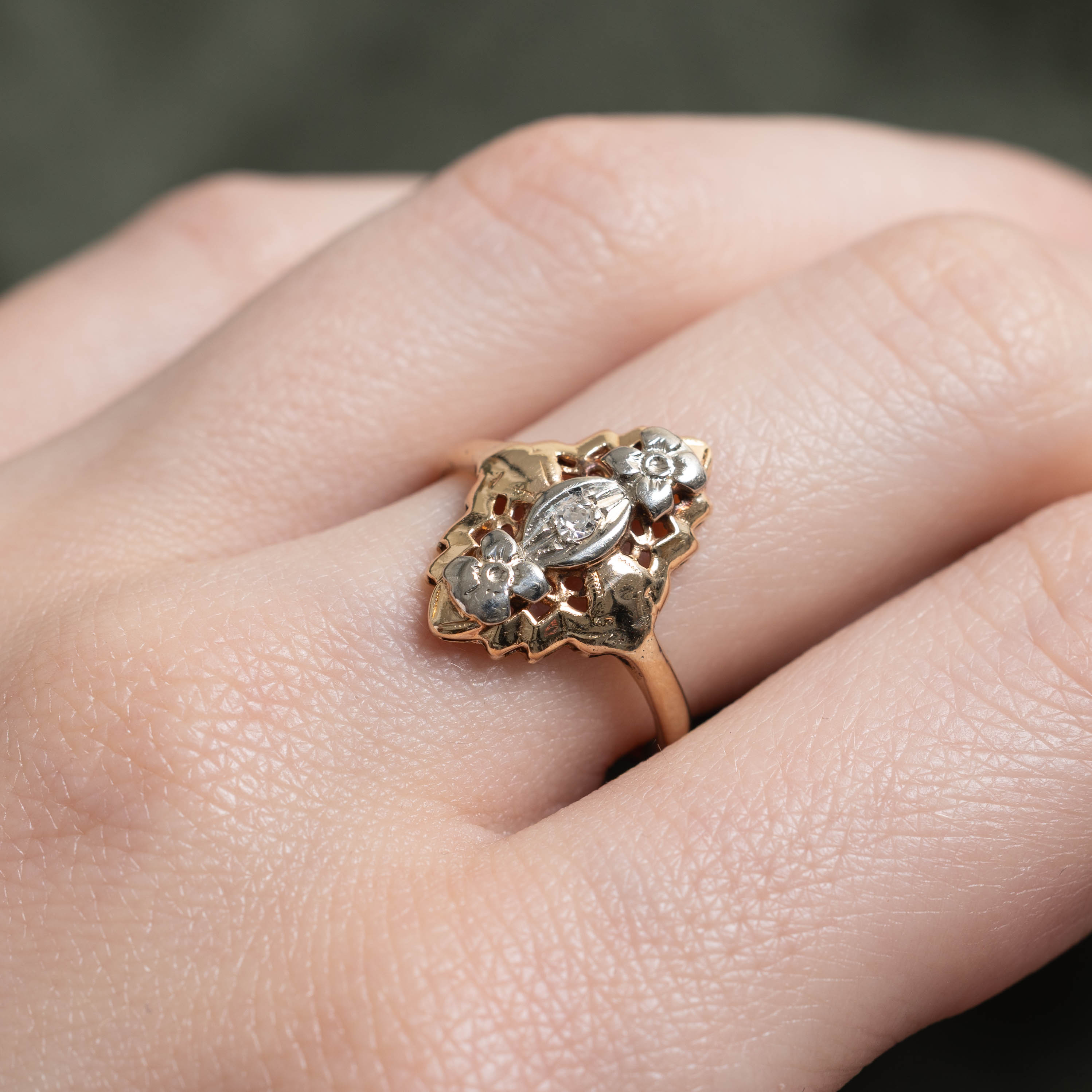 14k Two Tone Diamond Openwork Navette Ring | 0.03ctw | SZ 6.25