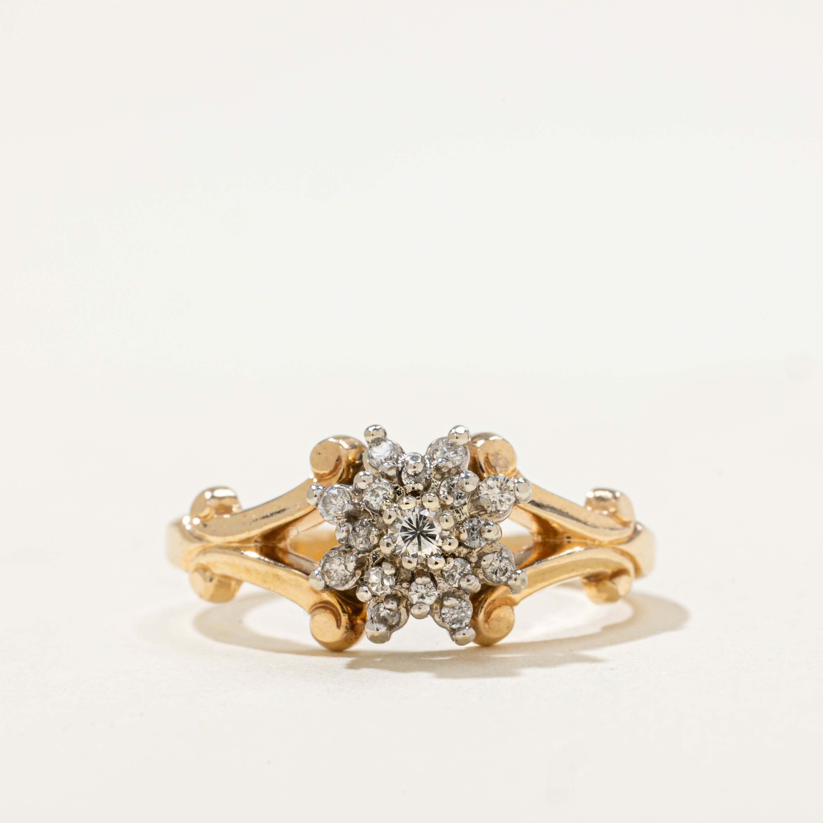 14k Diamond Cluster Ornate Split Shank Ring | 0.14ctw | SZ 7