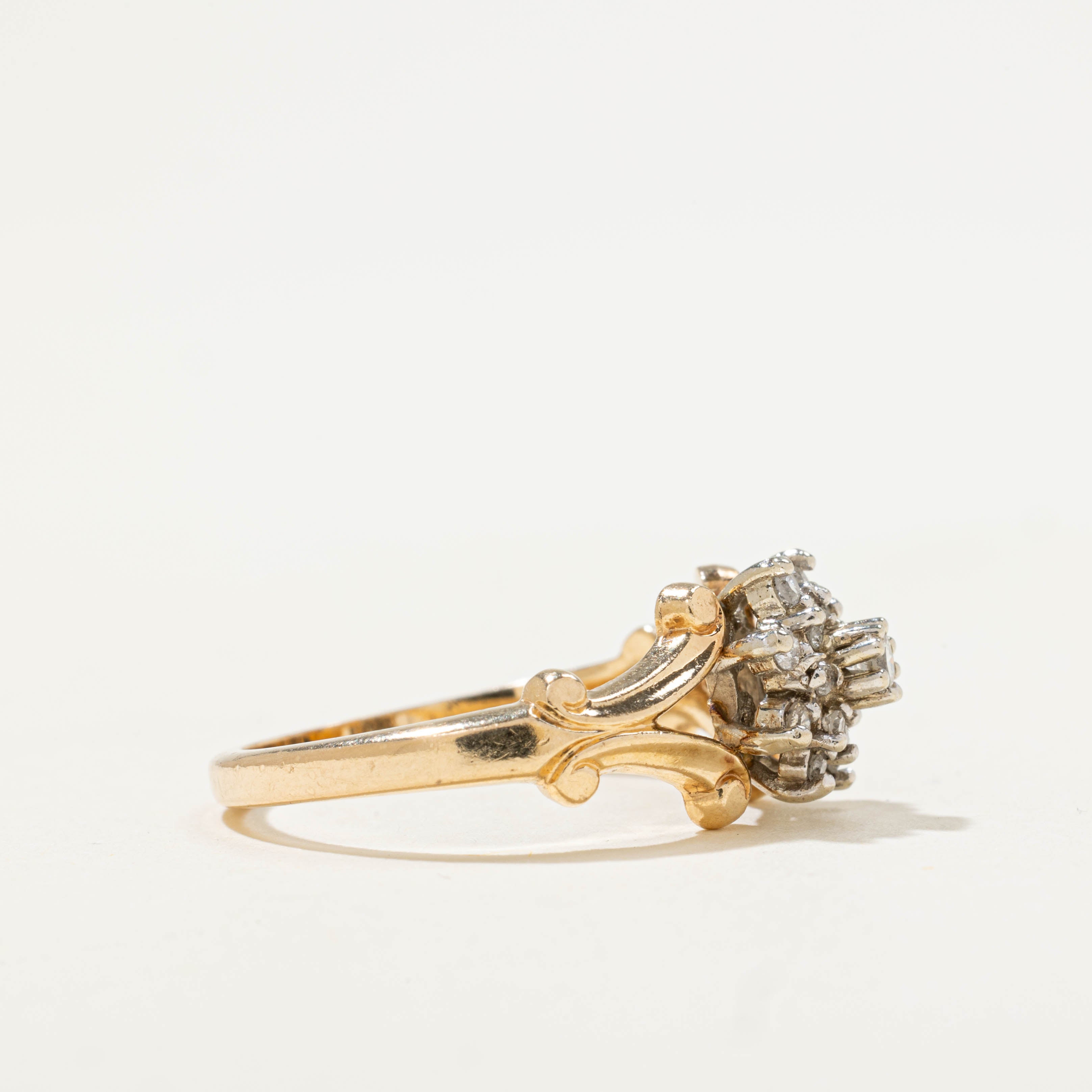 14k Diamond Cluster Ornate Split Shank Ring | 0.14ctw | SZ 7
