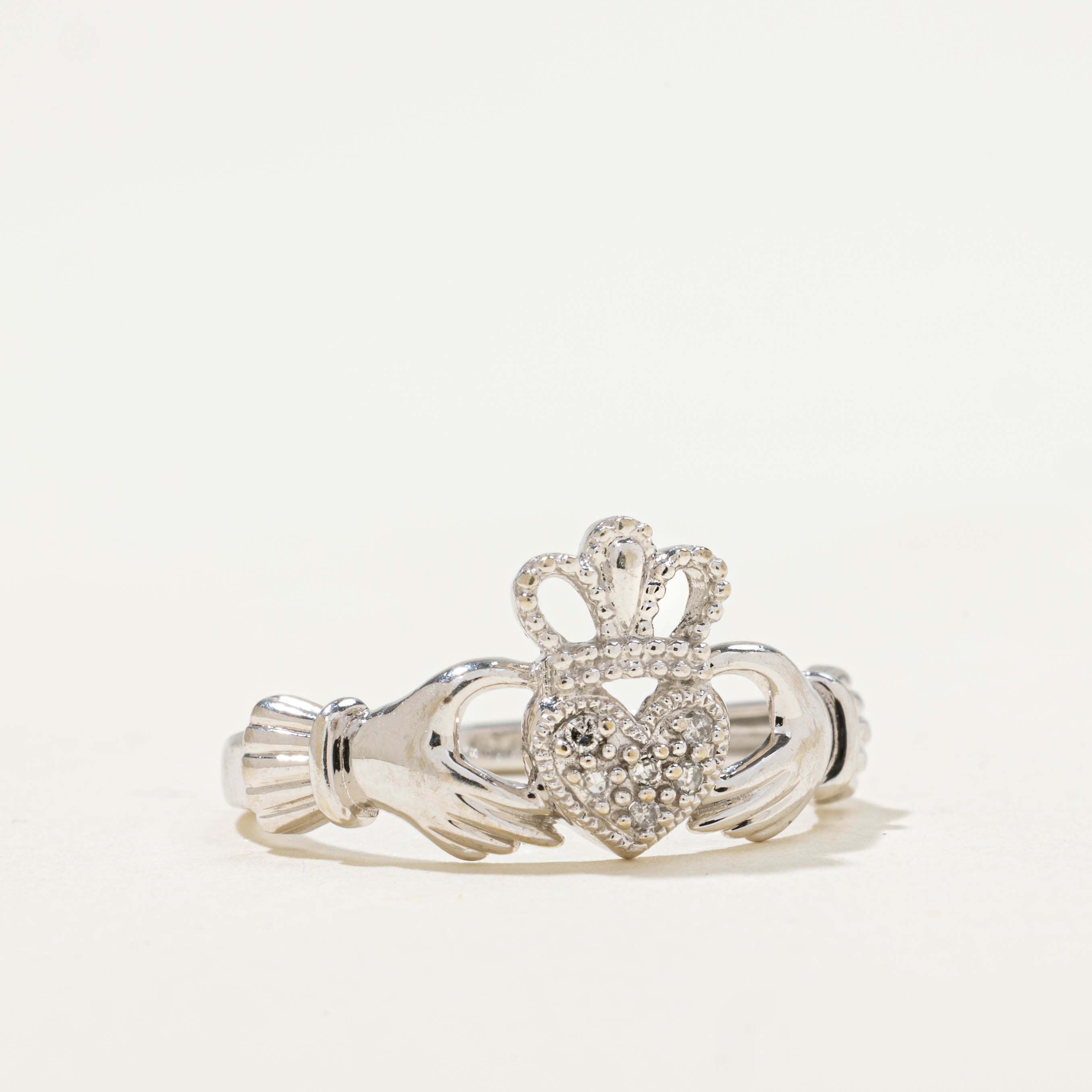 10k White Gold Diamond Claddagh Ring | 0.03ctw | SZ 6