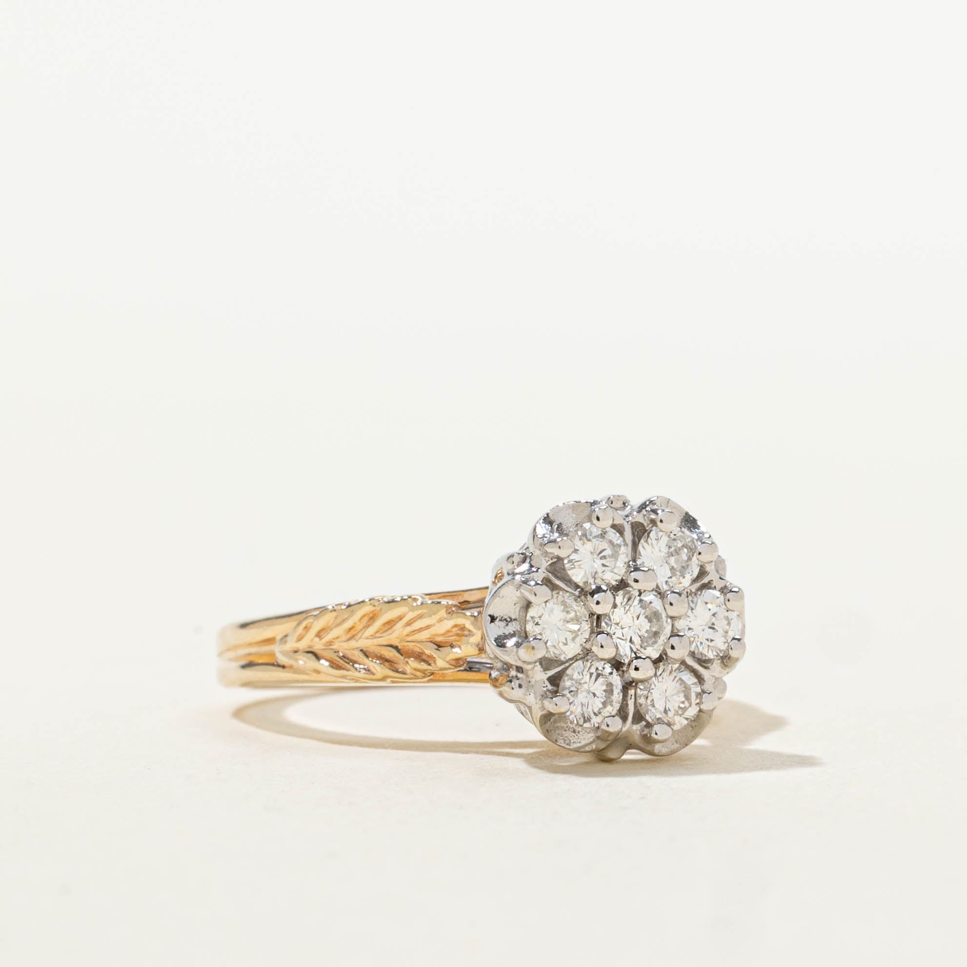14k Diamond Daisy Cluster Leaf Engraved Ring | 0.45ctw | SZ 5.25
