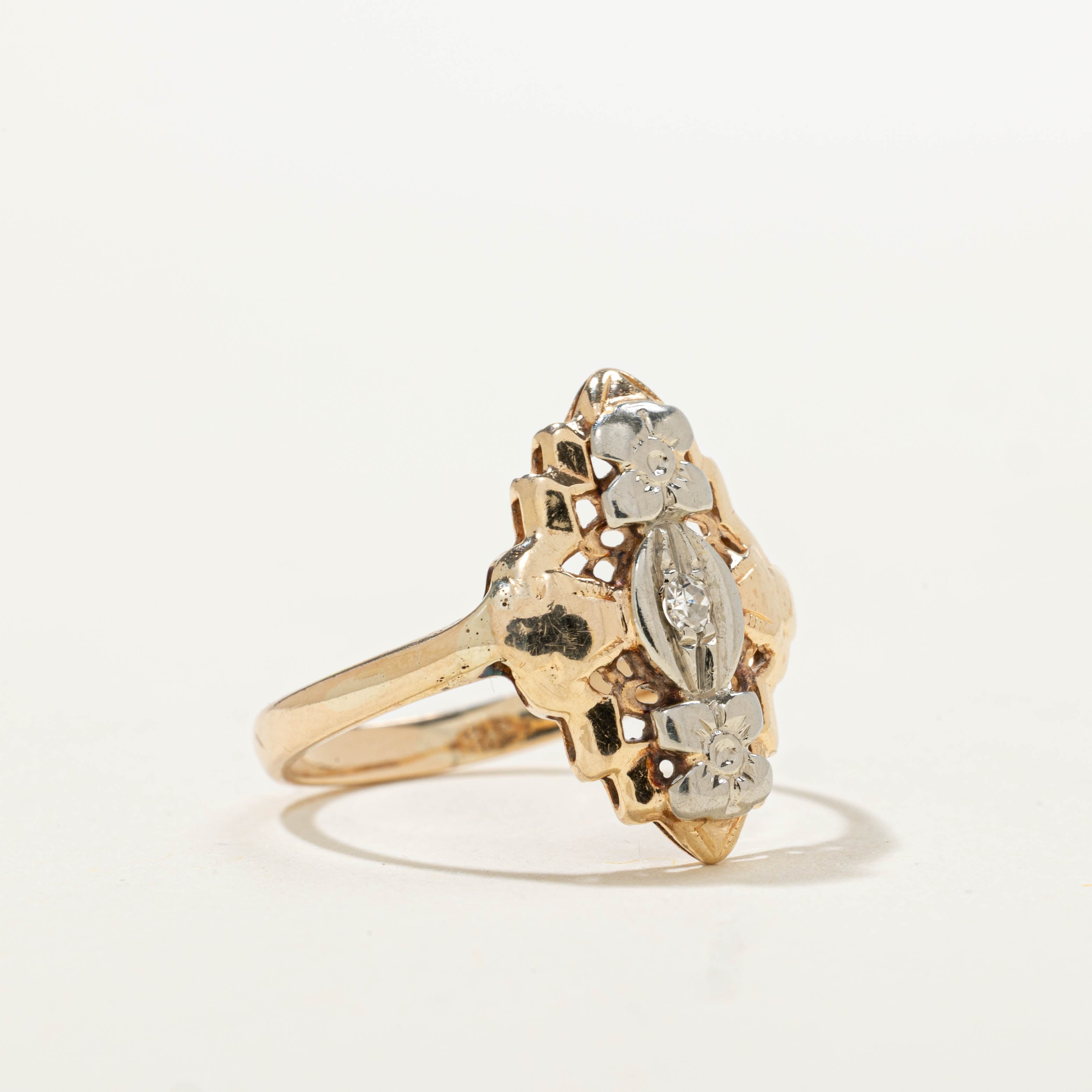 14k Two Tone Diamond Openwork Navette Ring | 0.03ctw | SZ 6.25