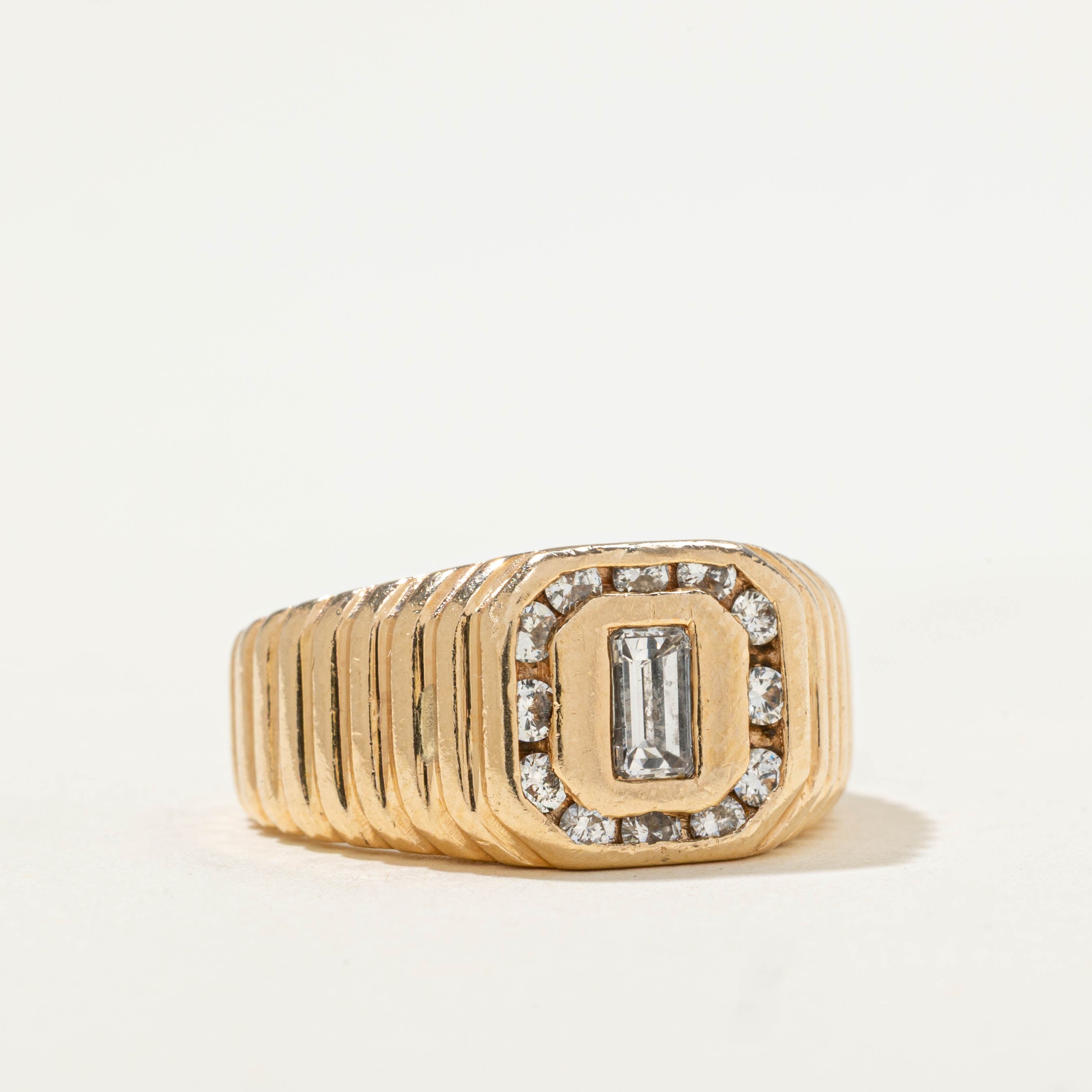 14k Emerald Cut Diamond Halo Fluted Signet Ring | 0.61ctw | SZ 7