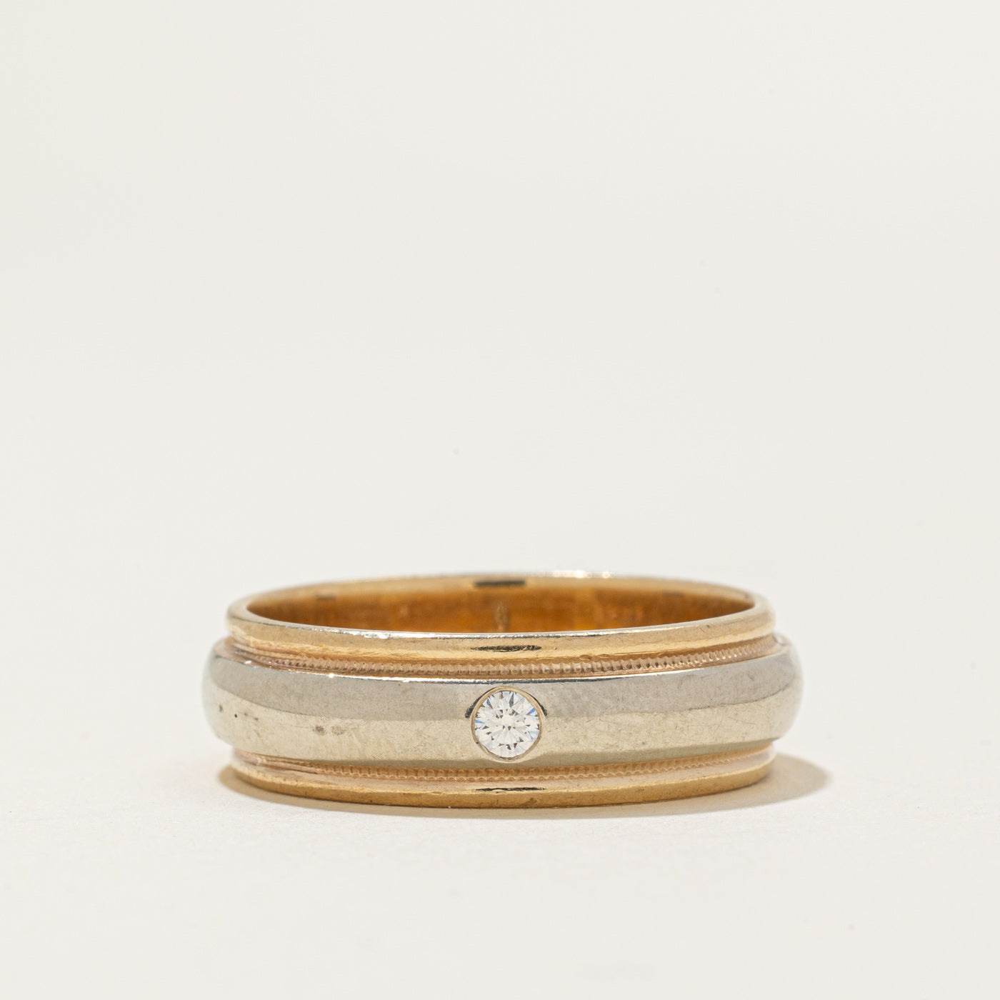 Two Tone Gold Flush Set Diamond Milgrain Band | 0.05ct | 6.90mm | SZ 10.5 |