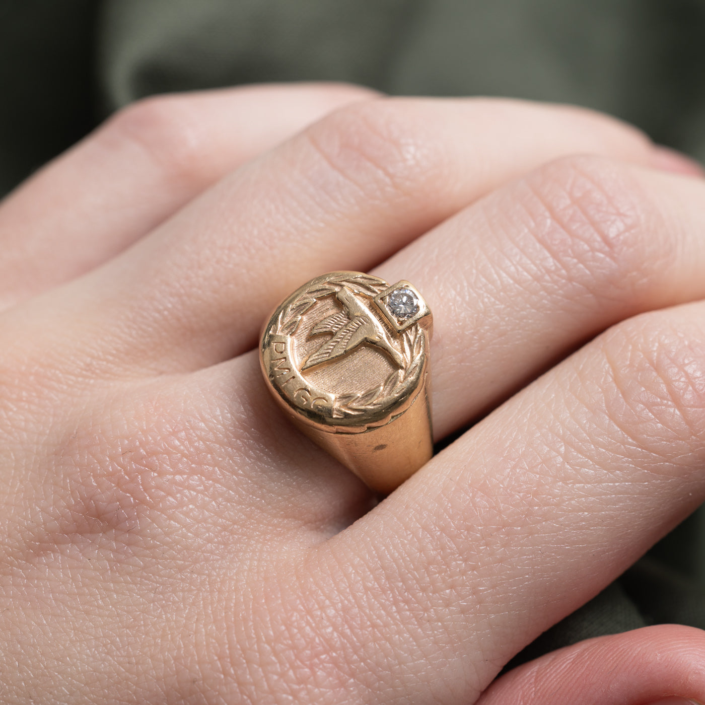 Diamond Embossed Bird Signet Ring | 0.10ct | SZ 7.25