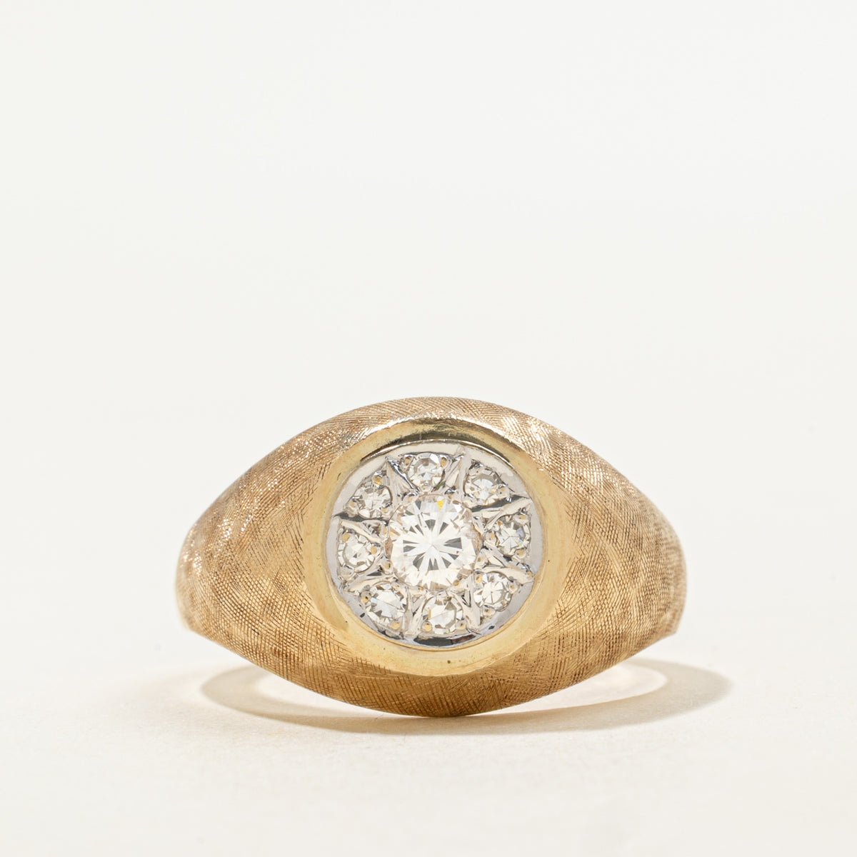 14K Diamond Circle Cluster Textured Signet Ring | 0.12ctw | SZ 10.25