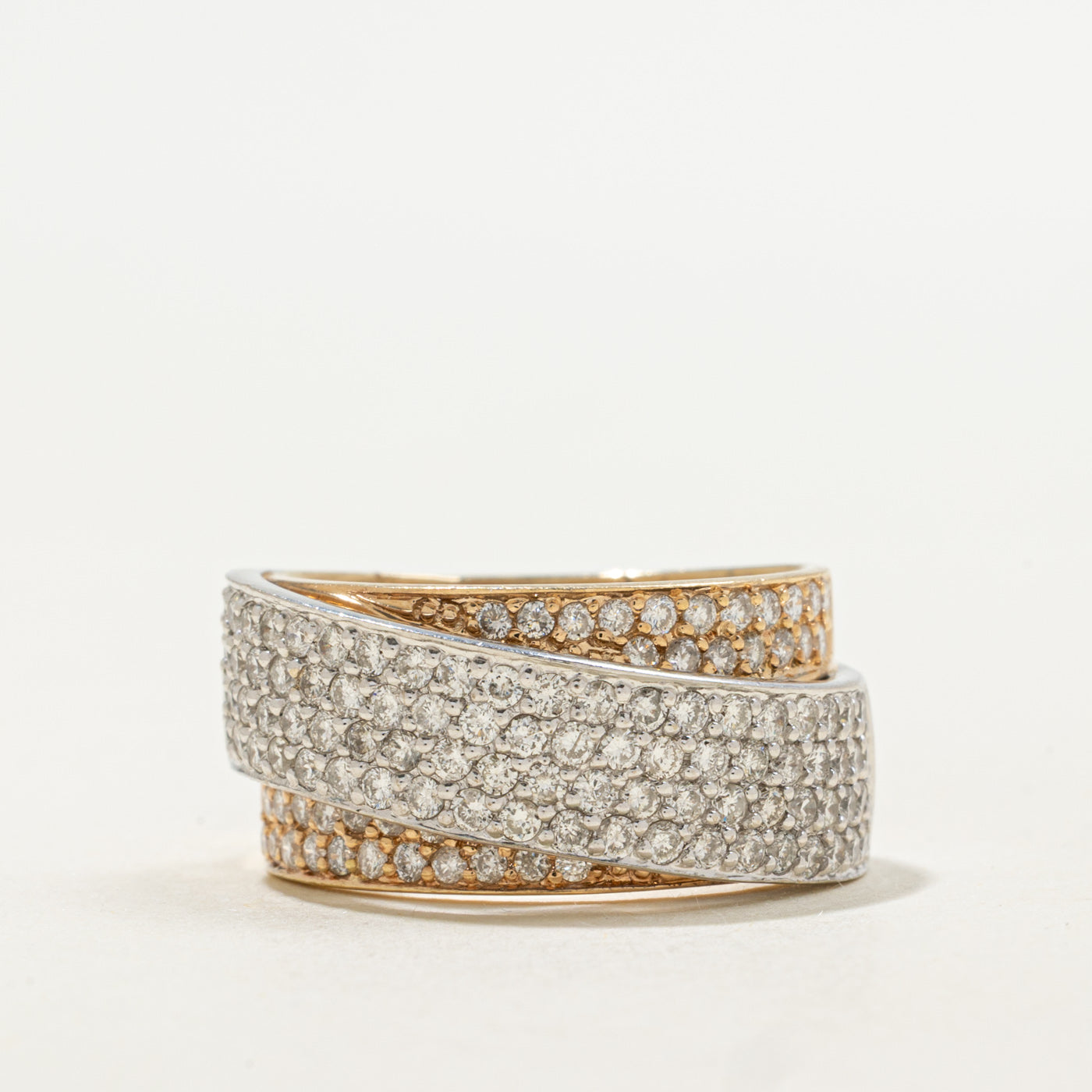 14K Two Tone Pavé Set Diamond Cross Over Ring | 1.20ctw | SZ 5.5