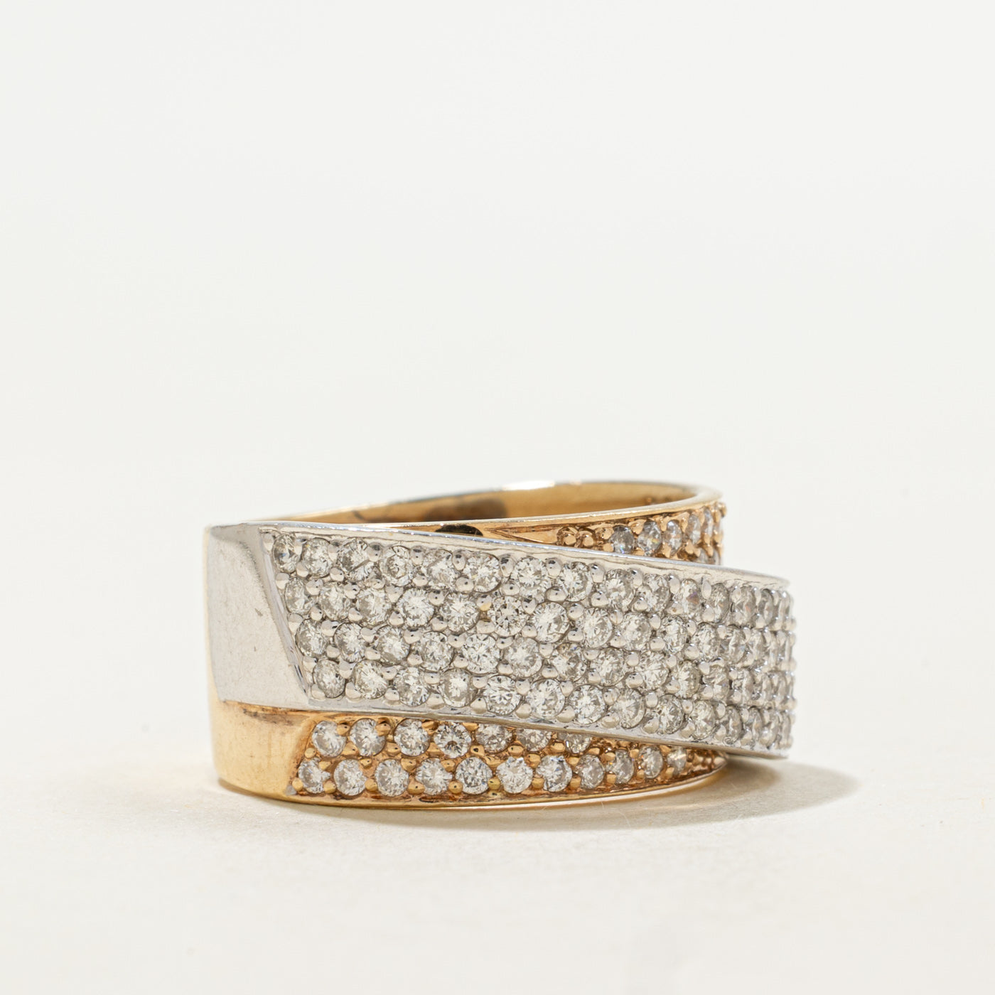 14K Two Tone Pavé Set Diamond Cross Over Ring | 1.20ctw | SZ 5.5