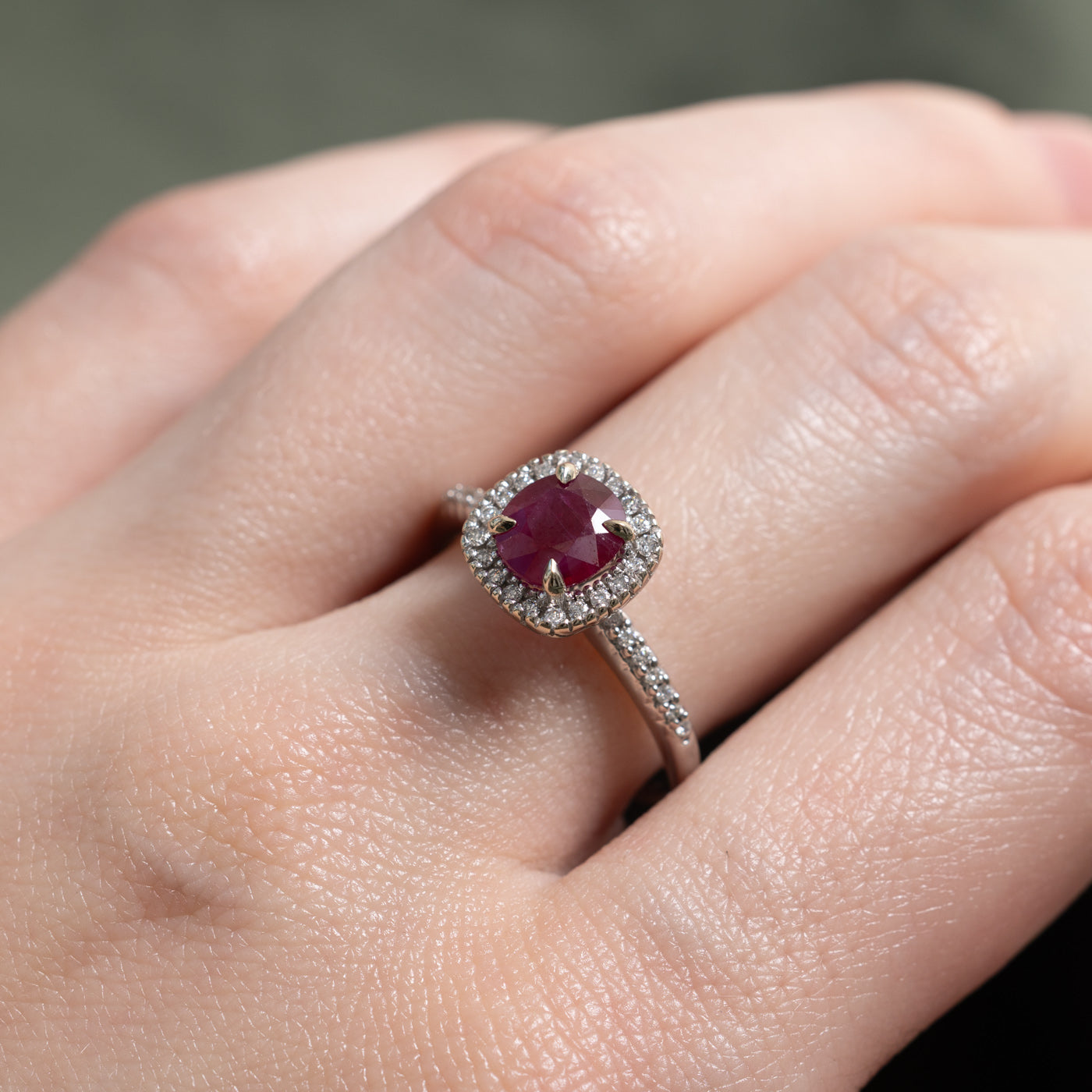 Cushion Cut Ruby & Diamond Halo Ring | 1.68ct, 0.23ctw | SZ 7.0