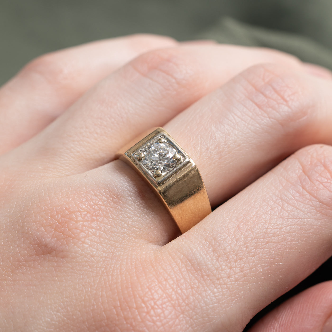 10K Solitaire Transitional Cut Diamond Signet Ring | 0.85ct SI2/I1 I/J | SZ 8.5