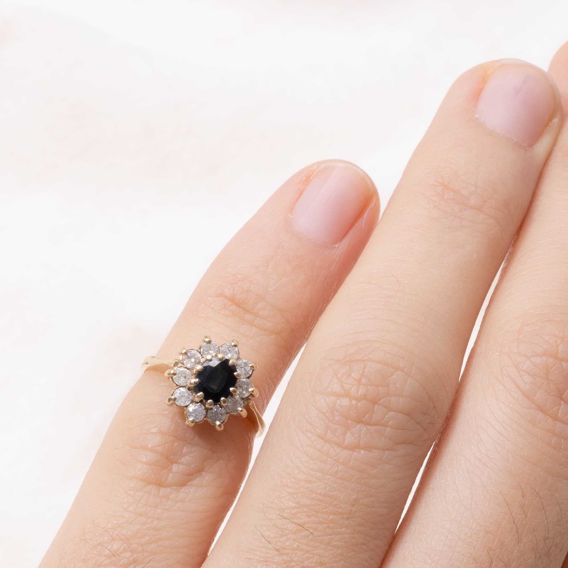 British Hallmarked 9k Sapphire & Diamond Petal Halo Ring | SZ 1.5