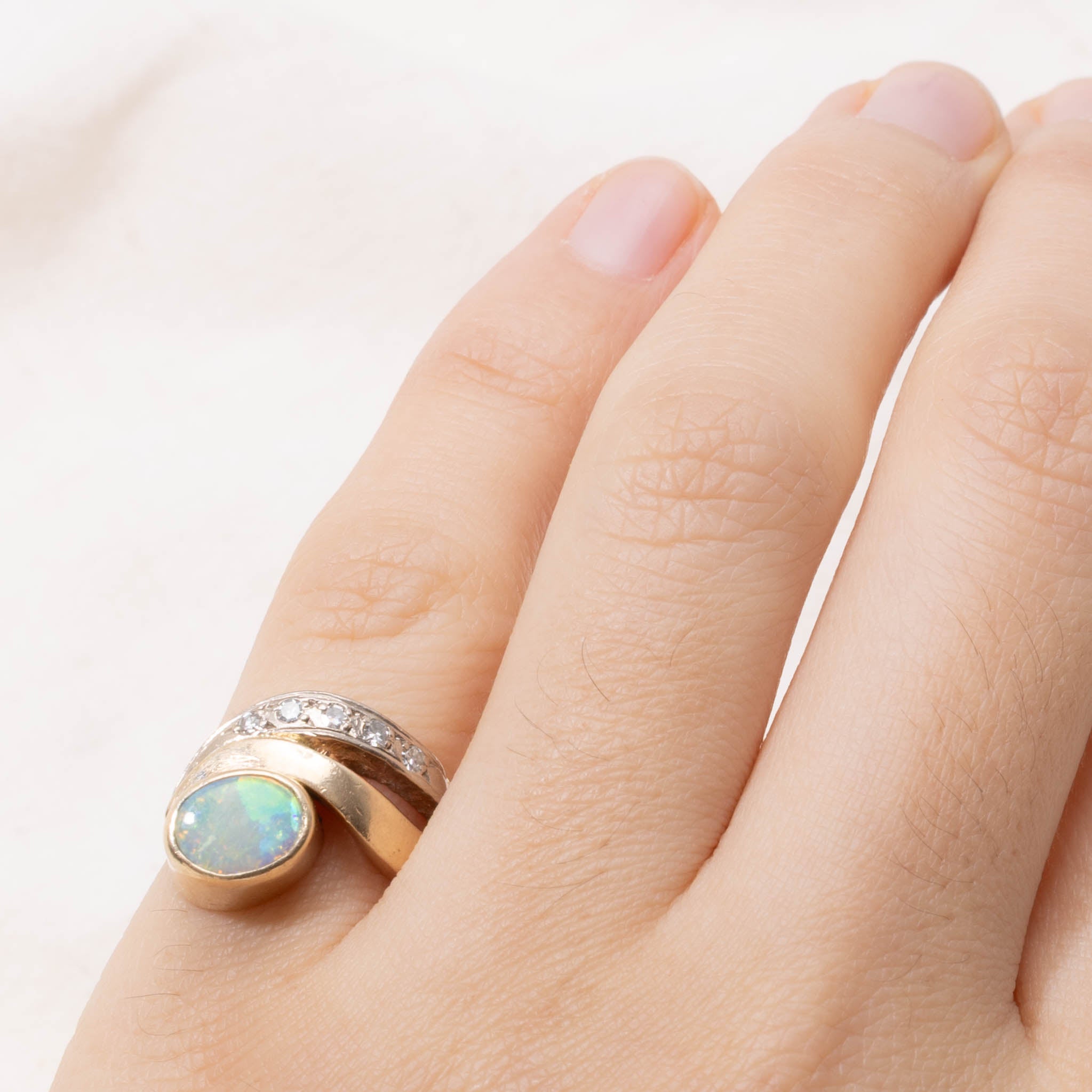 10k Bezel Set Opal & Diamond Wave Ring | SZ 4
