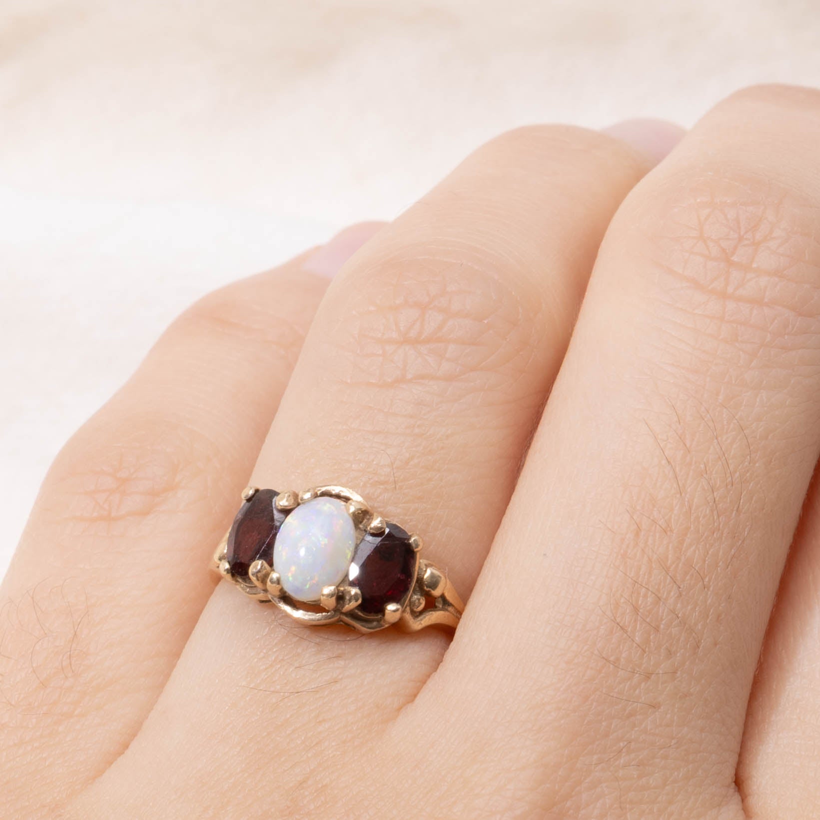 10k Three Stone Opal & Garnet Ring | SZ 5.25
