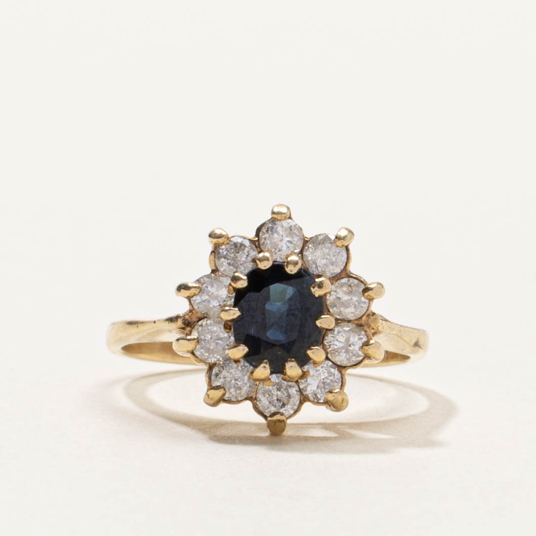 British Hallmarked 9k Sapphire & Diamond Petal Halo Ring | SZ 1.5