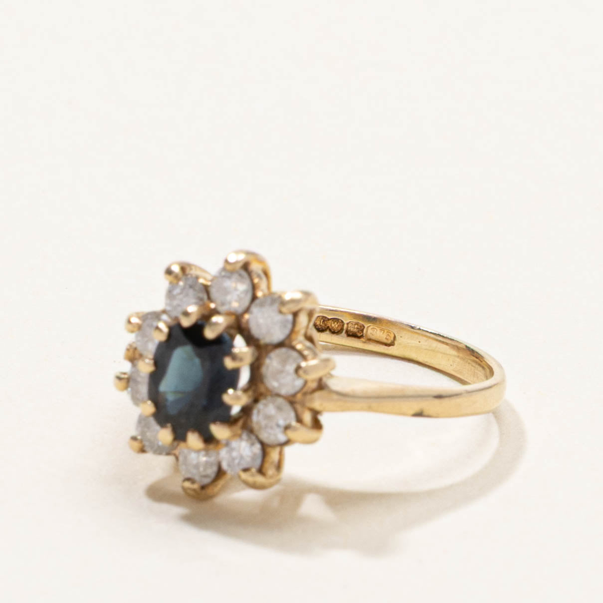 British Hallmarked 9k Sapphire & Diamond Petal Halo Ring | SZ 1.5
