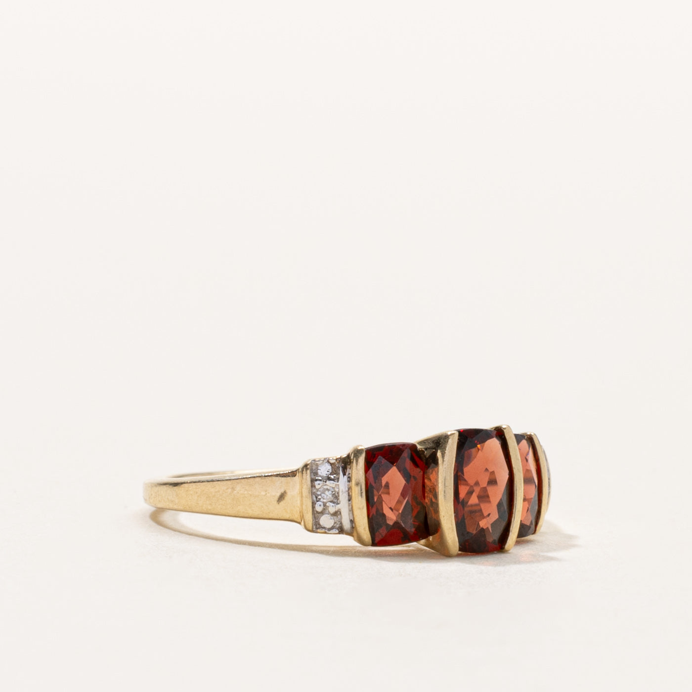 10k Three Stone Garnet & Diamond Accented Ring | SZ 6.25