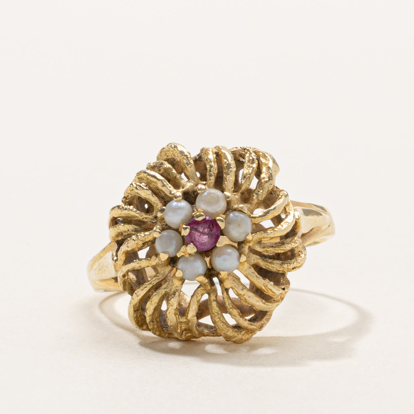 Ruby & Seed Pearl Floral Cocktail Ring | SZ 7.5