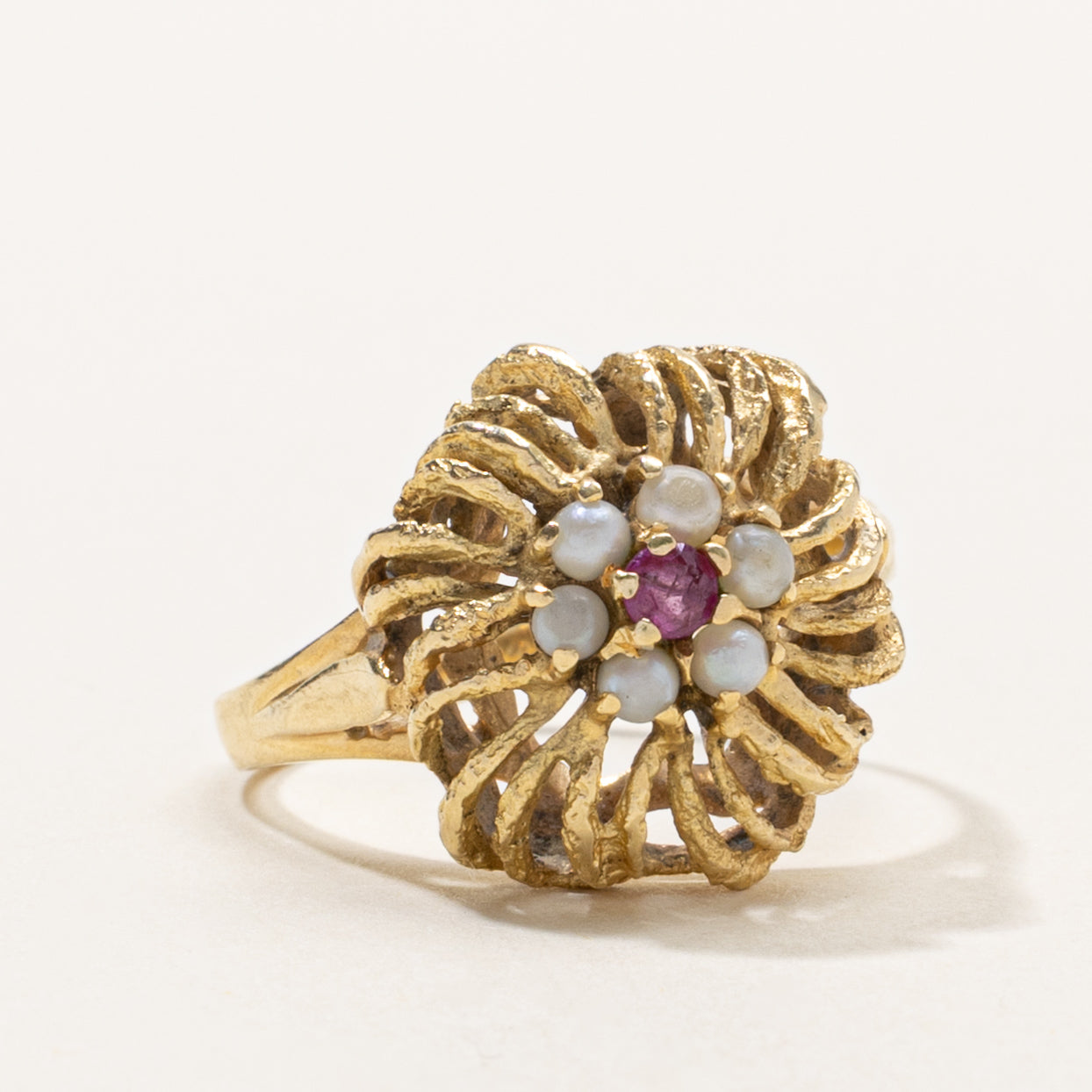 Ruby & Seed Pearl Floral Cocktail Ring | SZ 7.5