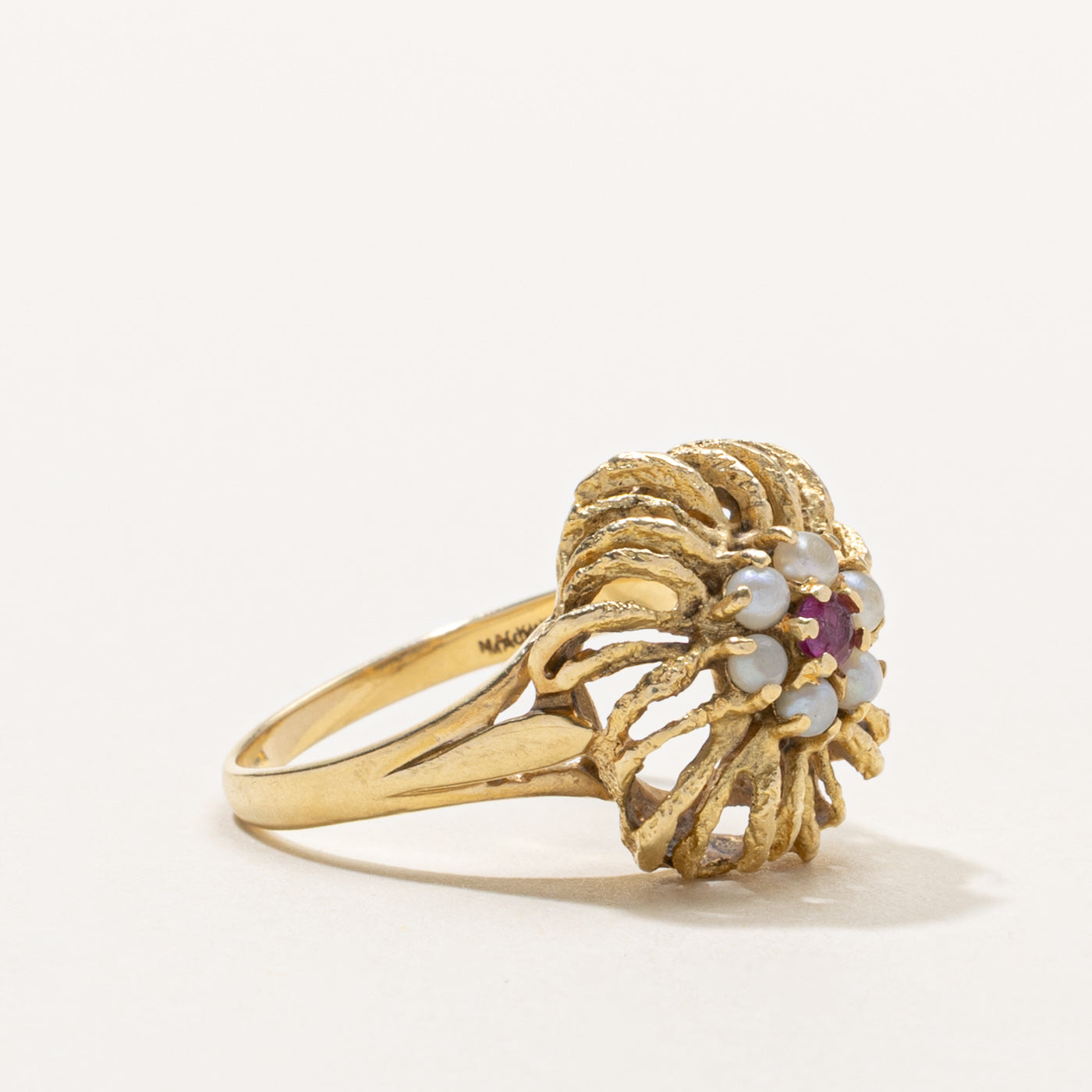 Ruby & Seed Pearl Floral Cocktail Ring | SZ 7.5