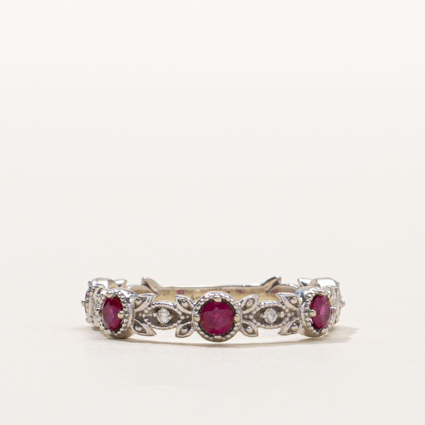 14k Ruby & Diamond Milgrain Floral Band | SZ 6