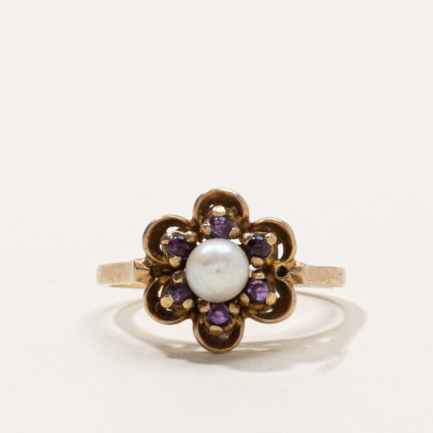 Vintage Canadian Amethyst & Pearl Floral Ring | SZ 6