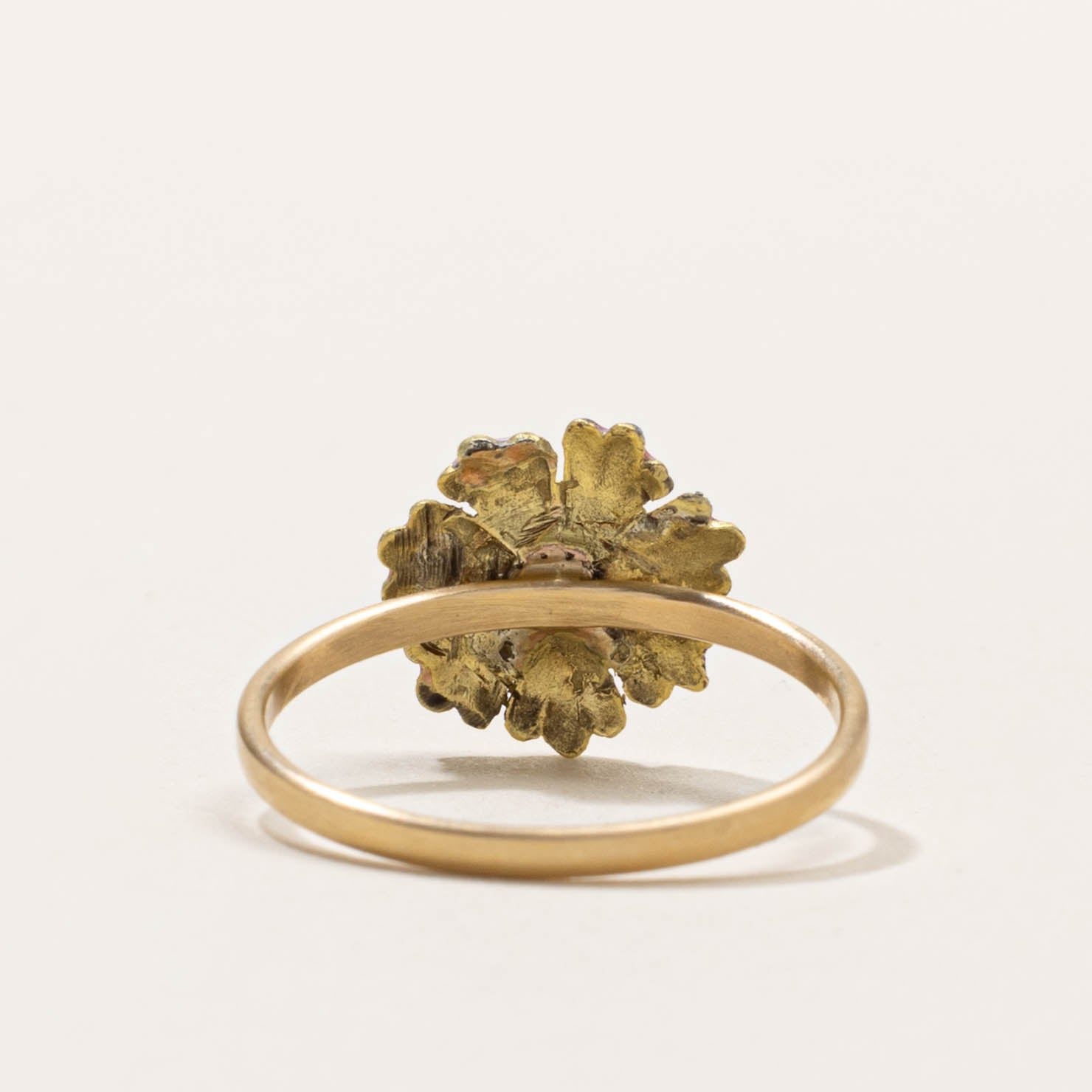 14k Rose Cut Diamond & Enamel Anemone Flower Ring | SZ 6.25