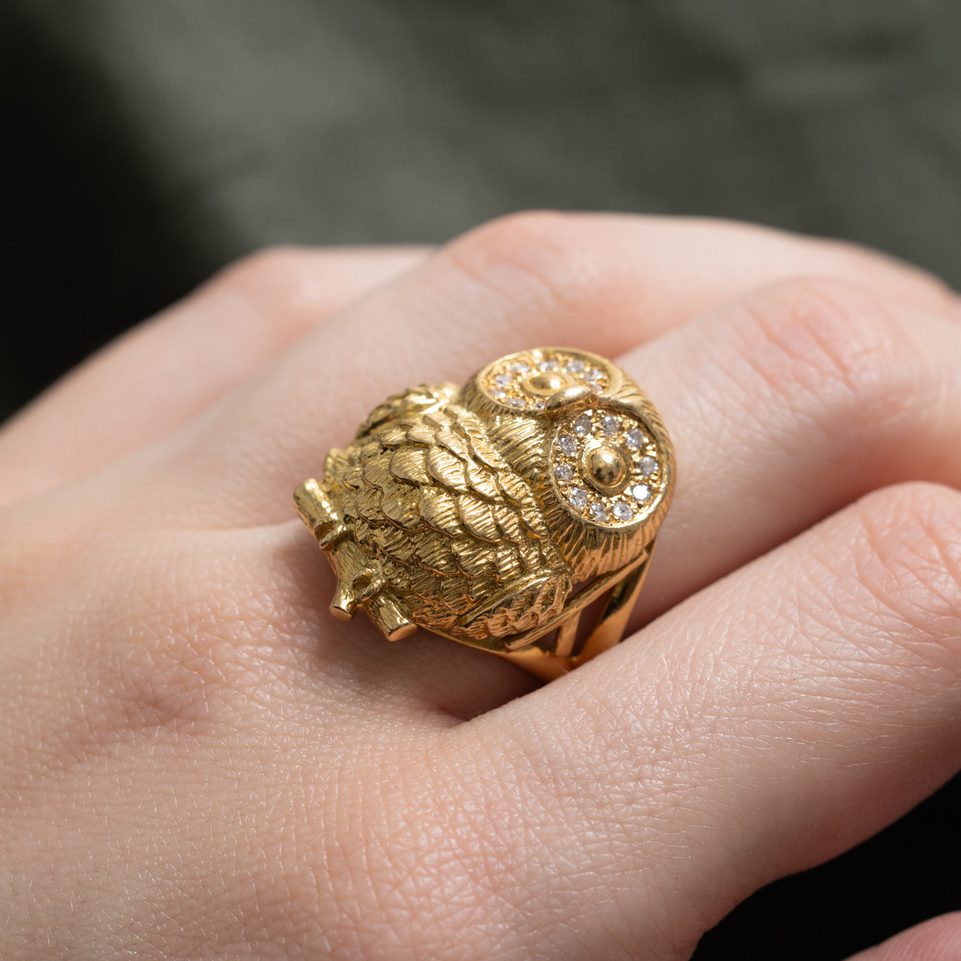 18k Diamond Accented Textured Owl Ring | 0.13ctw | SZ 7.5
