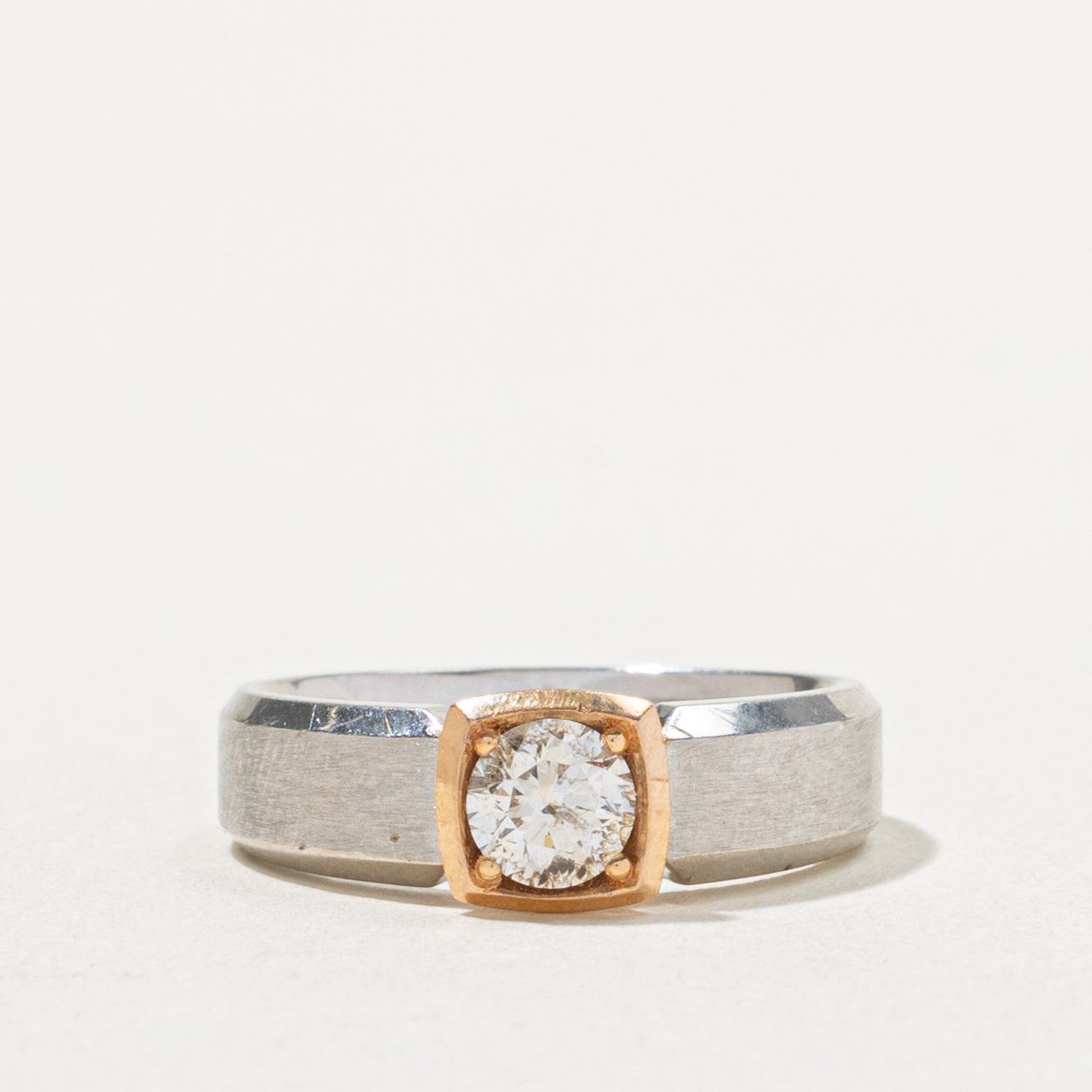18k Two Tone Solitaire GIA Diamond Matte Engagement Ring | GIA 0.35ct SI2 E Ex | SZ 4.25