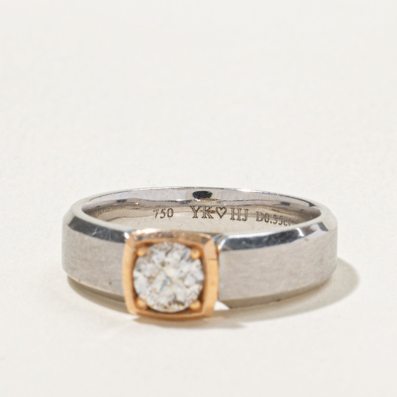 18k Two Tone Solitaire GIA Diamond Matte Engagement Ring | GIA 0.35ct SI2 E Ex | SZ 4.25