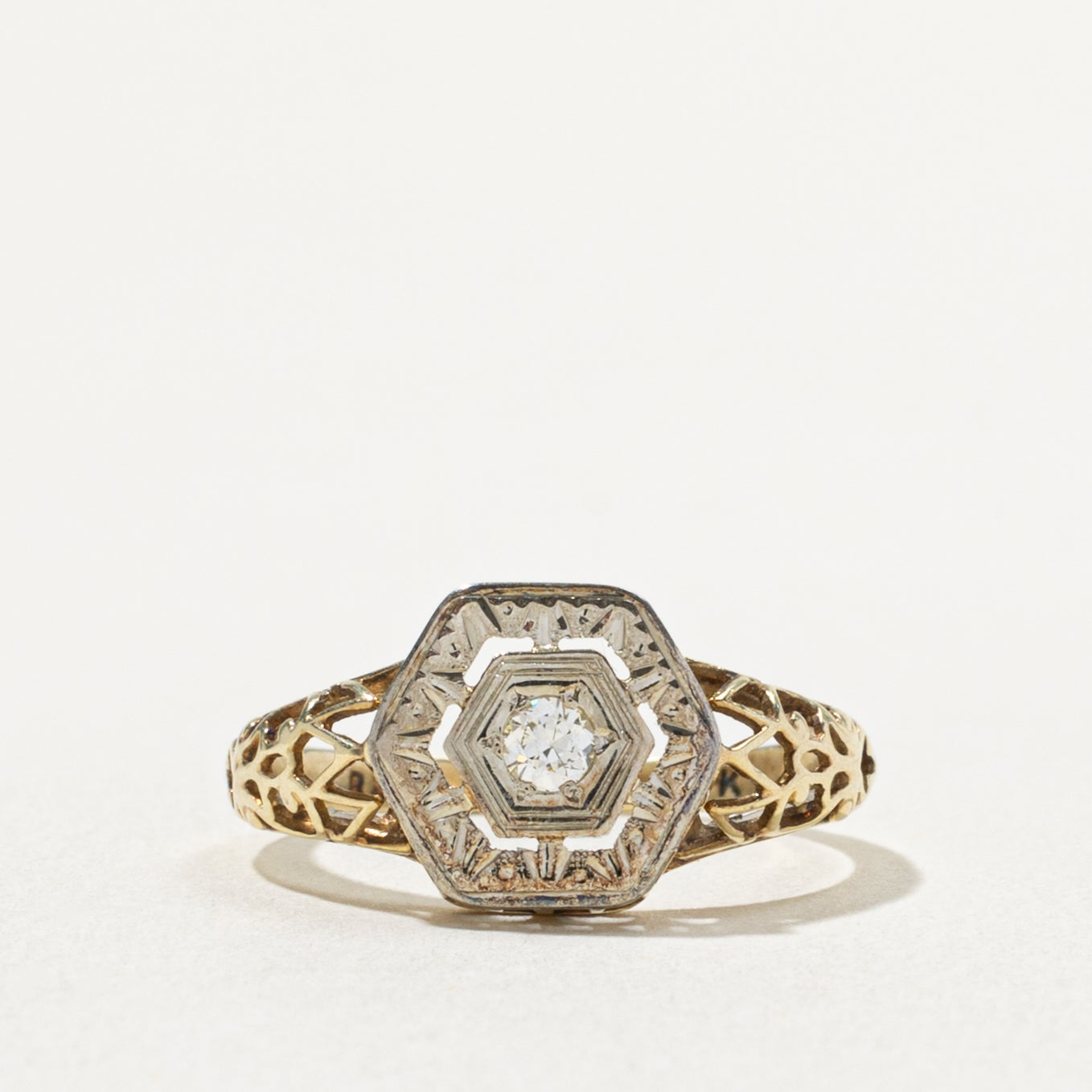 14k Two Tone Diamond Openwork Hexagon Ring | 0.05ct | SZ 4.5