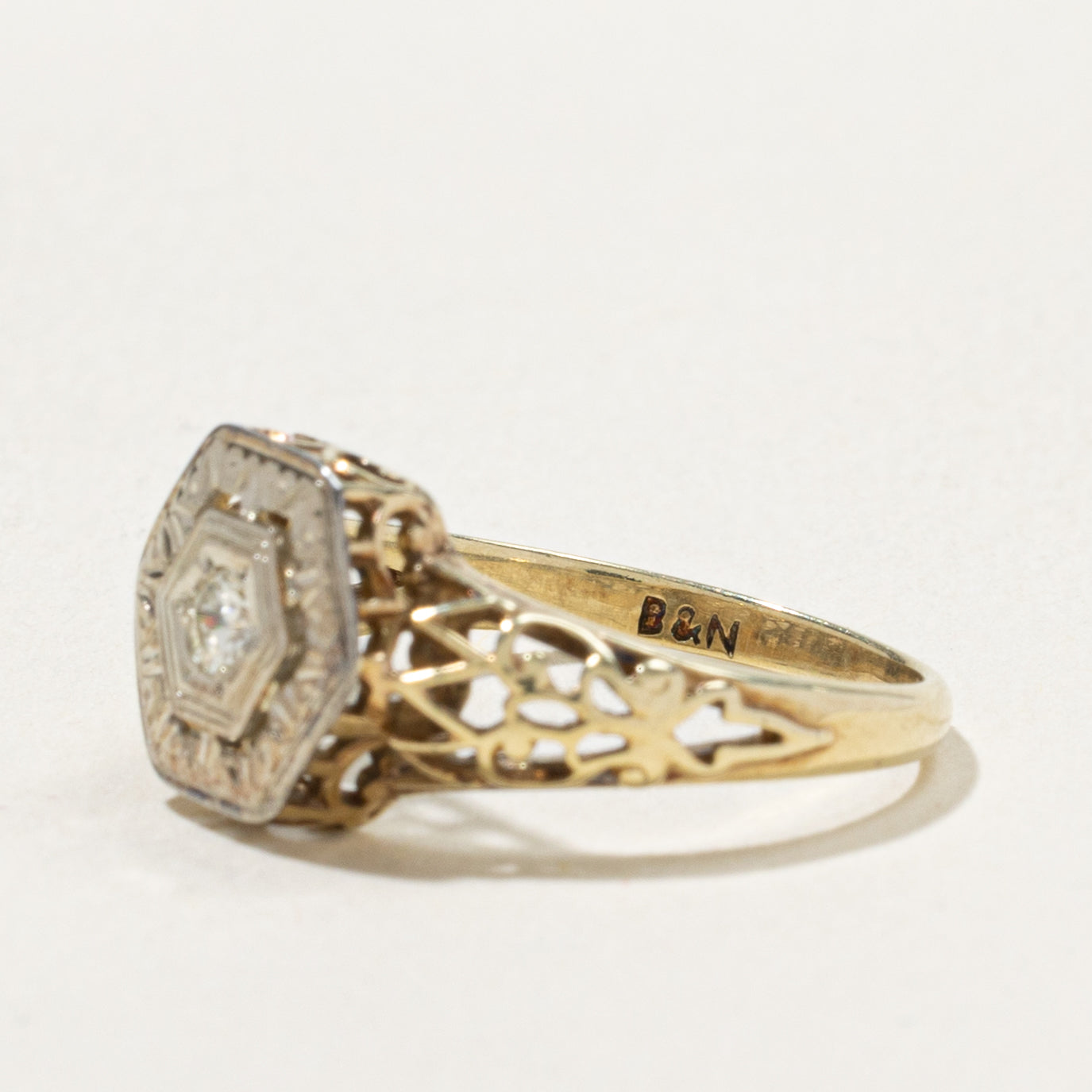 14k Two Tone Diamond Openwork Hexagon Ring | 0.05ct | SZ 4.5