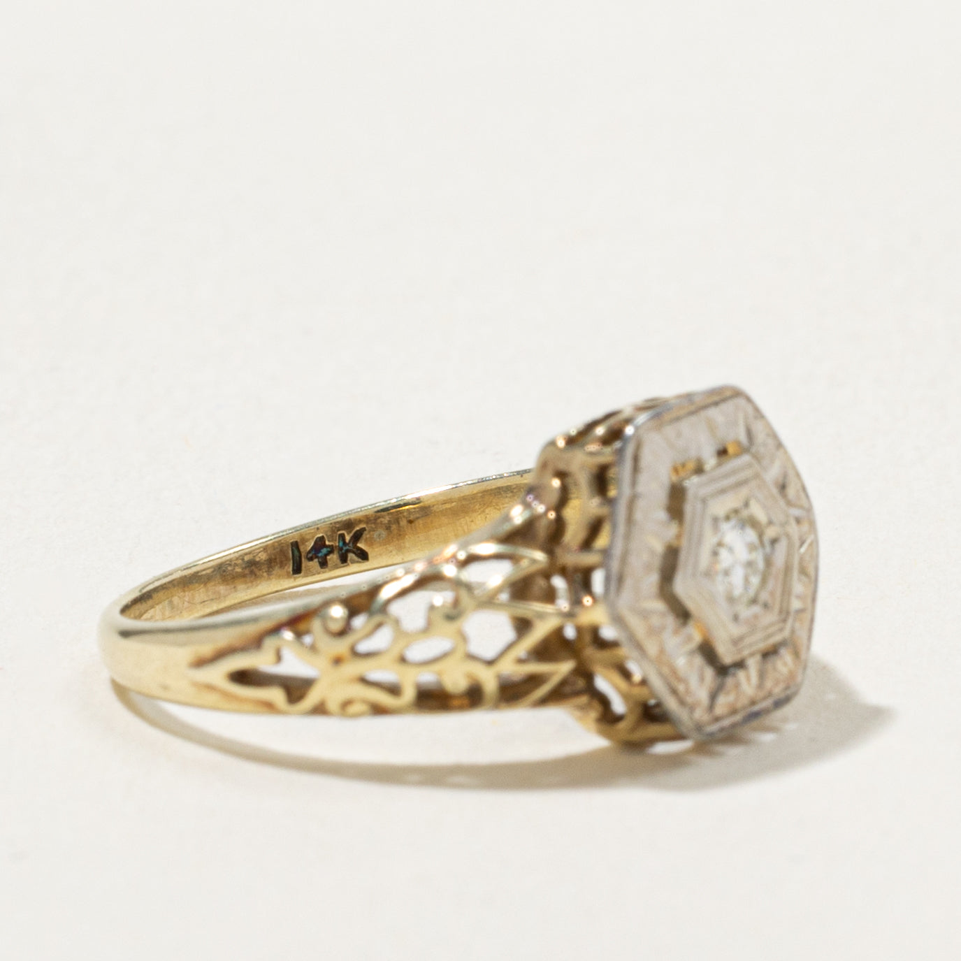 14k Two Tone Diamond Openwork Hexagon Ring | 0.05ct | SZ 4.5