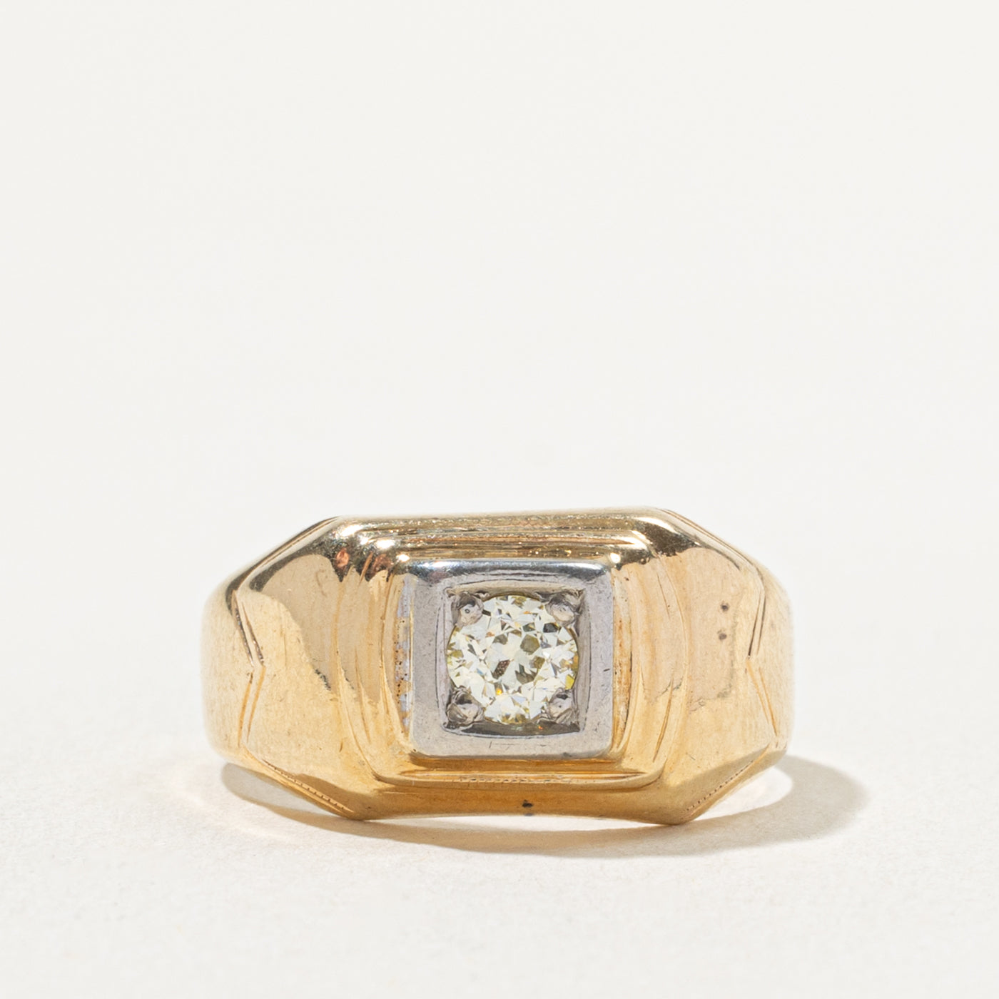 14k Solitaire Old European Cut Yellow Diamond Grooved Signet Ring | 0.30ct | SZ 7.5