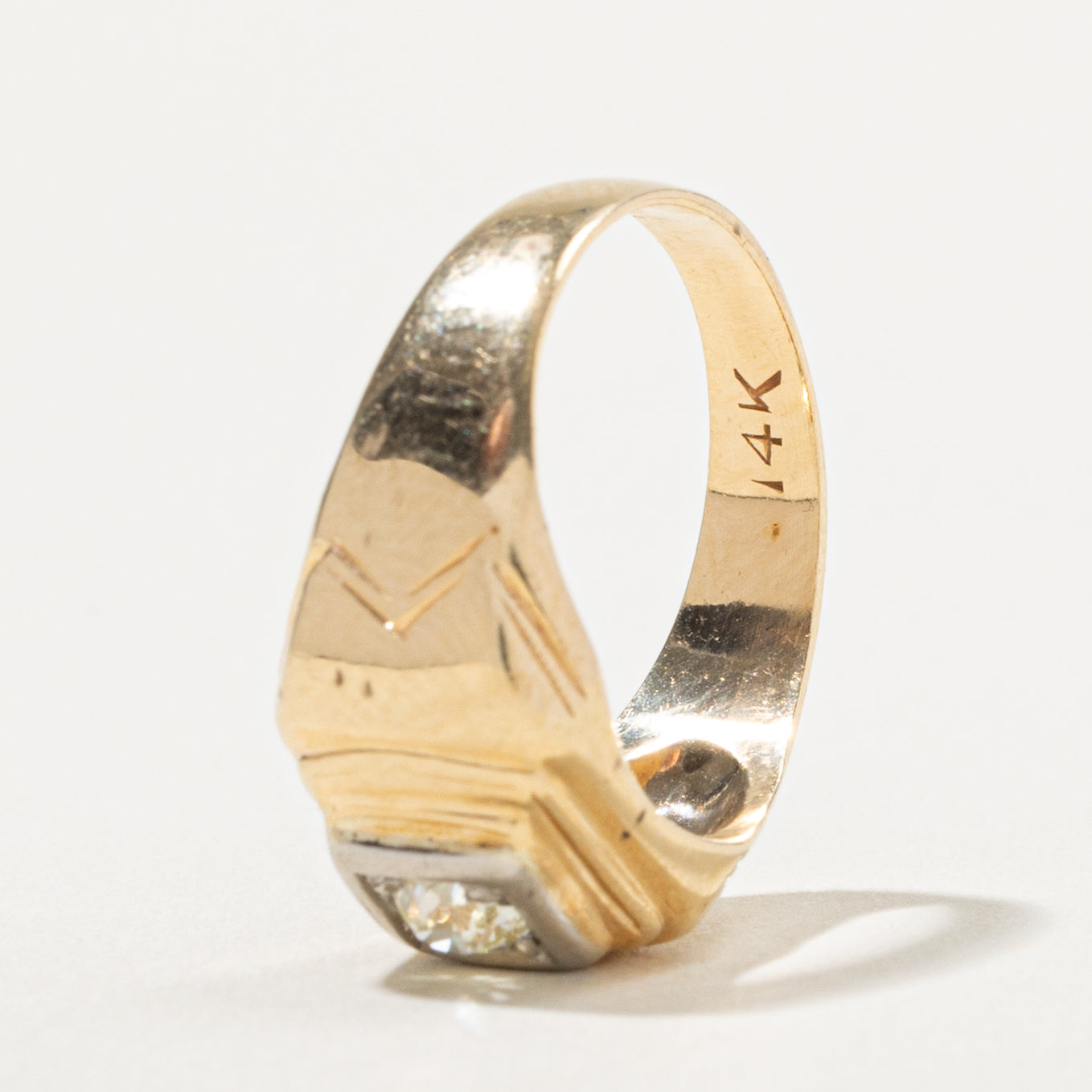 14k Solitaire Old European Cut Yellow Diamond Grooved Signet Ring | 0.30ct | SZ 7.5
