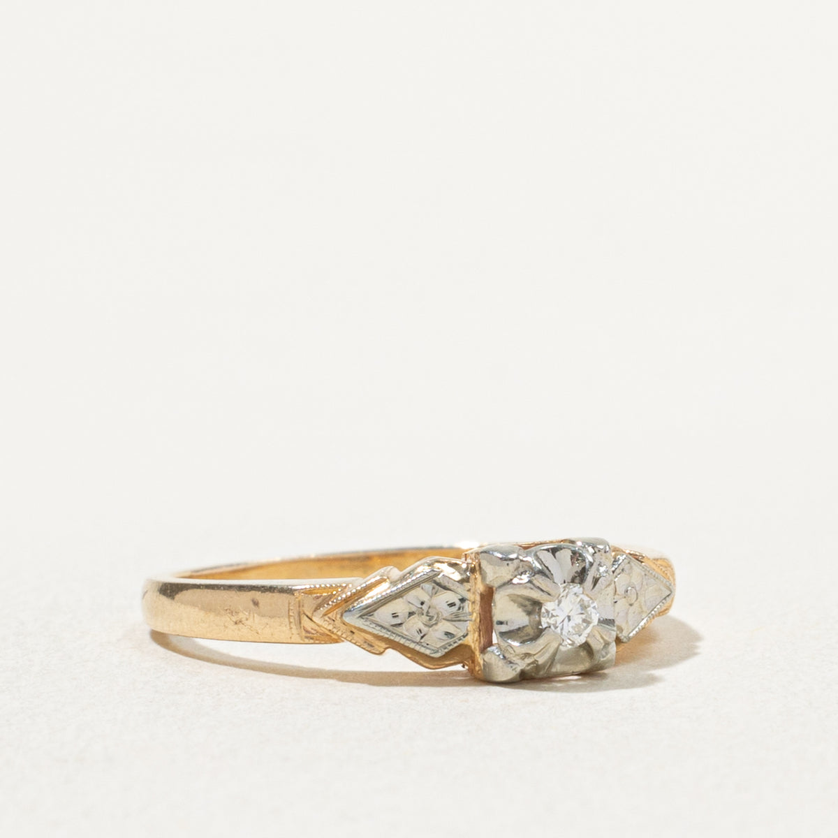 14k Two Tone Illusion Set Diamond Textured Ring | 0.04ct | SZ 6