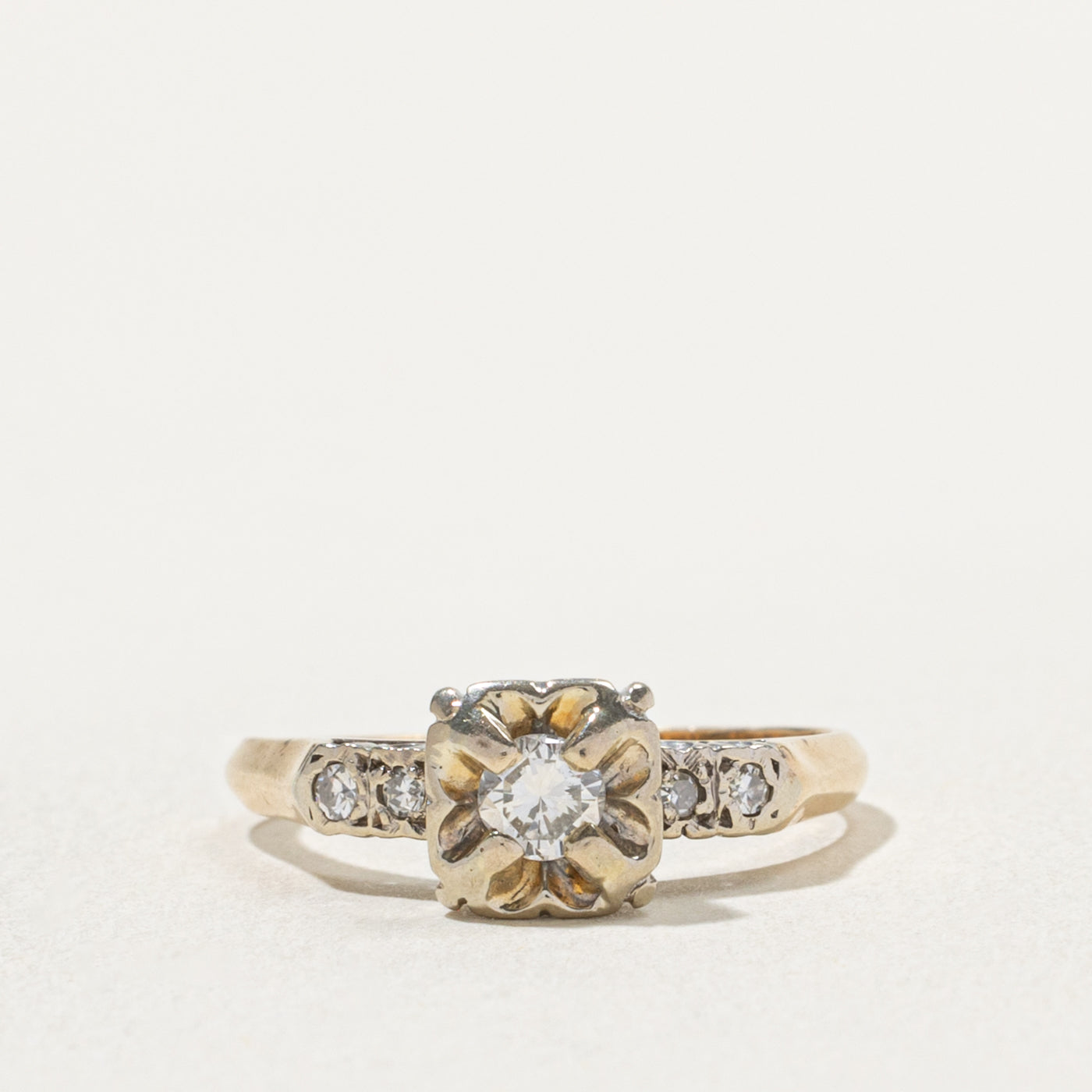 14k Two Tone Illusion Set Diamond Textured Ring | 0.20ctw | SZ 6.25