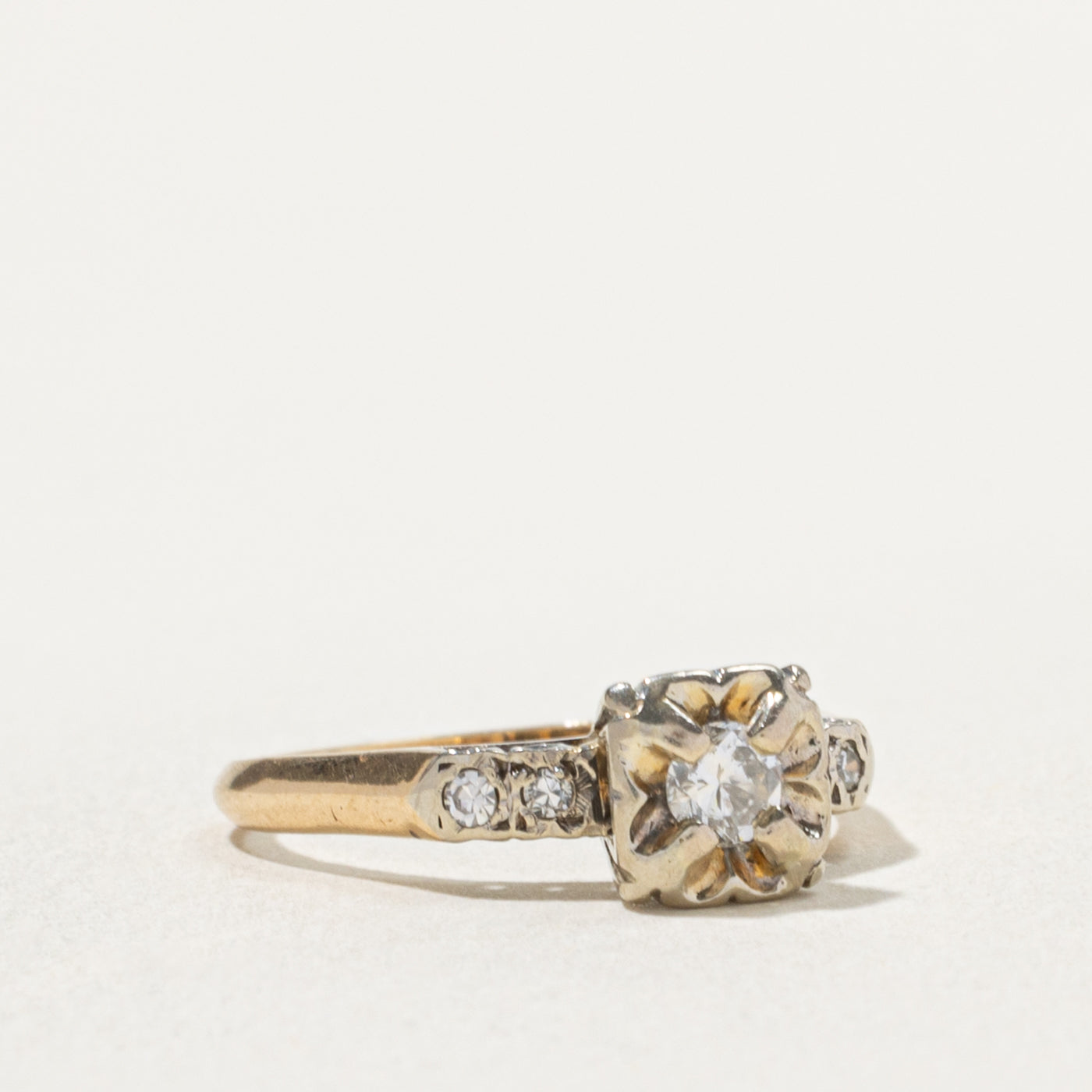 14k Two Tone Illusion Set Diamond Textured Ring | 0.20ctw | SZ 6.25