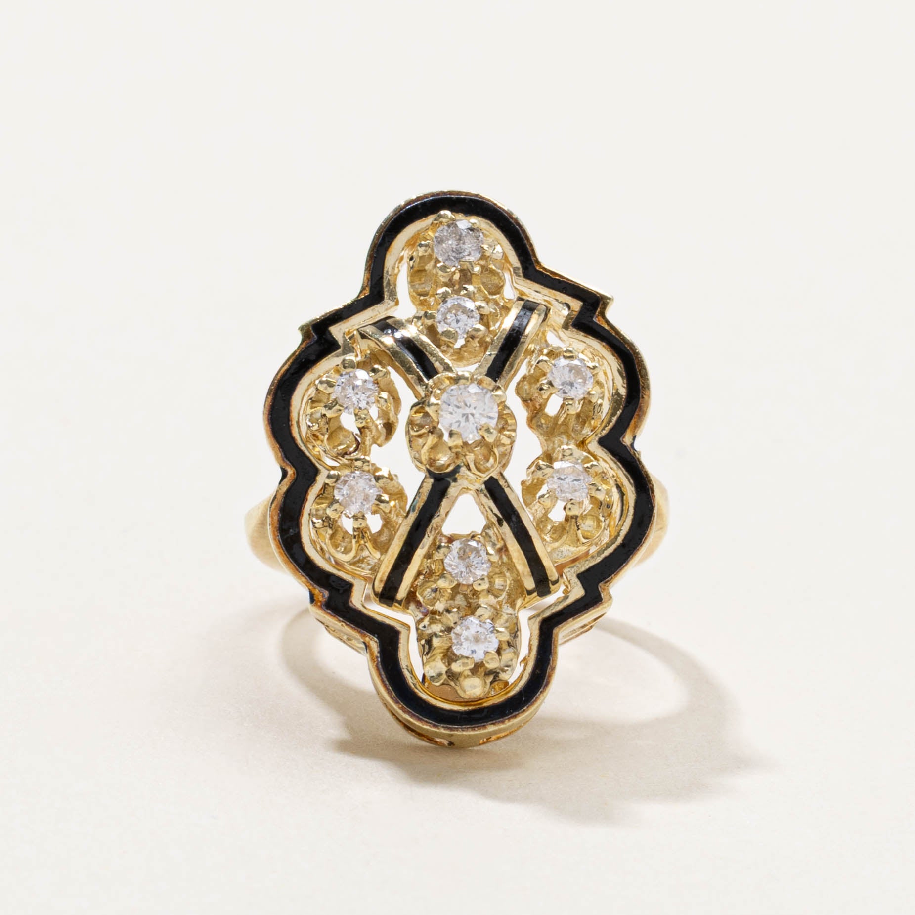 14k Diamond Black Enamel Cocktail Ring | 0.25ctw | SZ 3.75