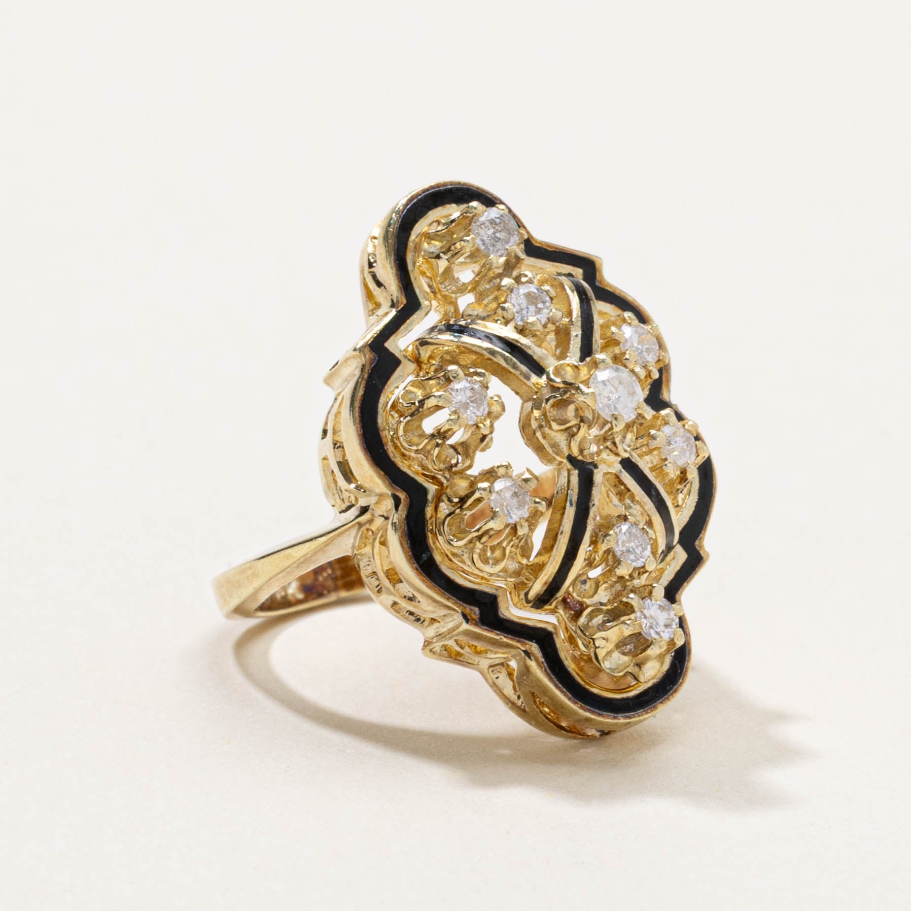 14k Diamond Black Enamel Cocktail Ring | 0.25ctw | SZ 3.75