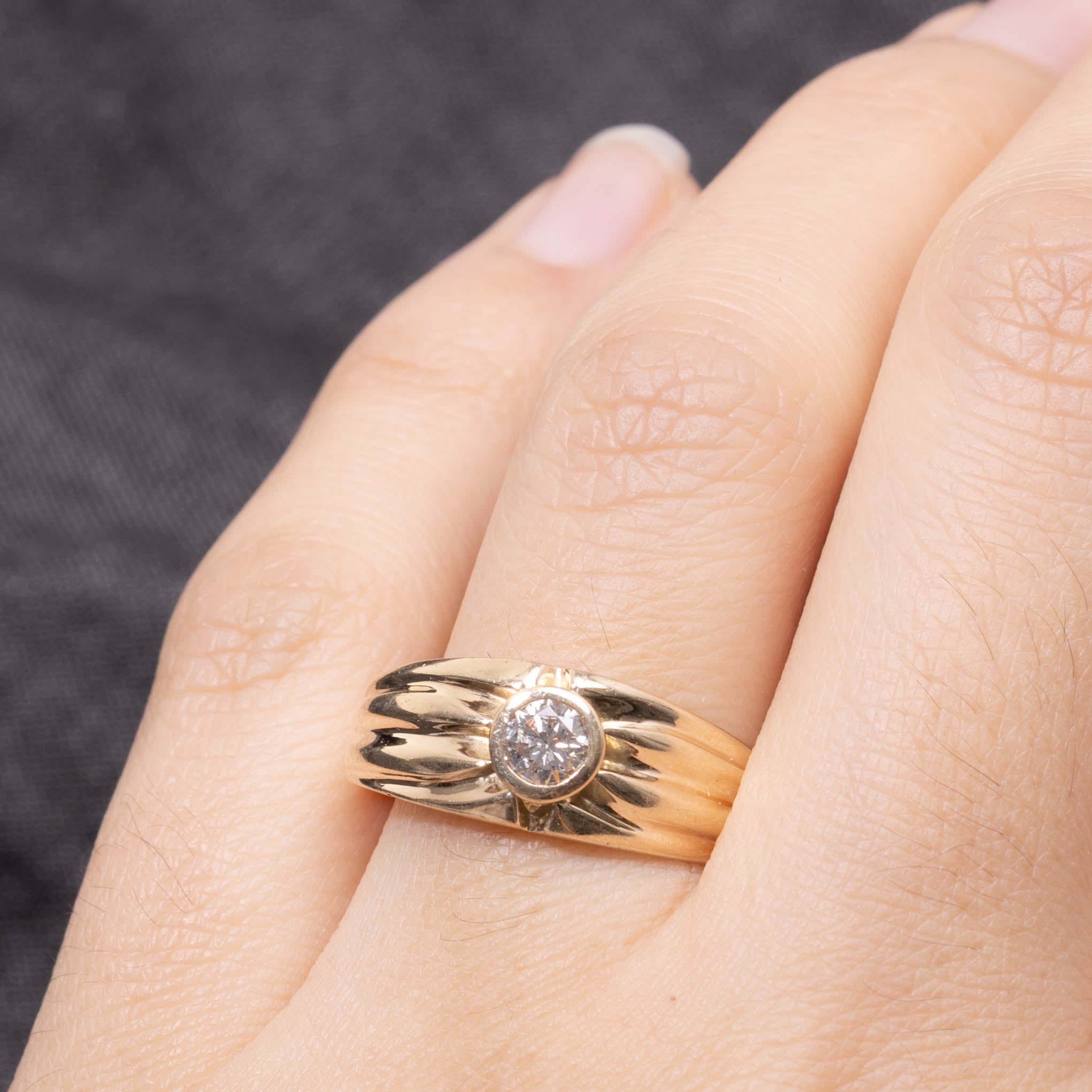 14k Bezel Set Diamond Grooved Dome Ring | 0.30ct SI1 I/J | SZ 9
