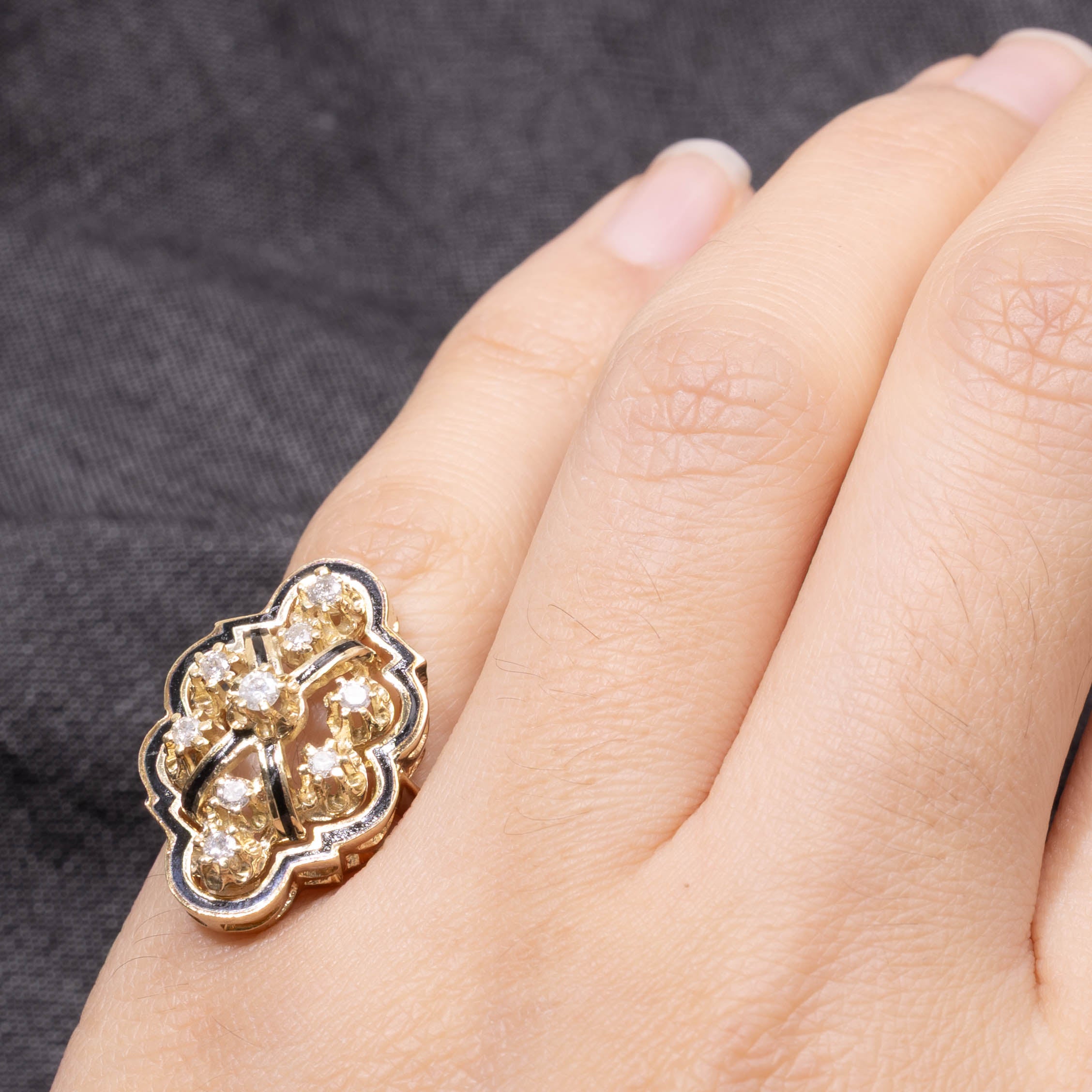 14k Diamond Black Enamel Cocktail Ring | 0.25ctw | SZ 3.75