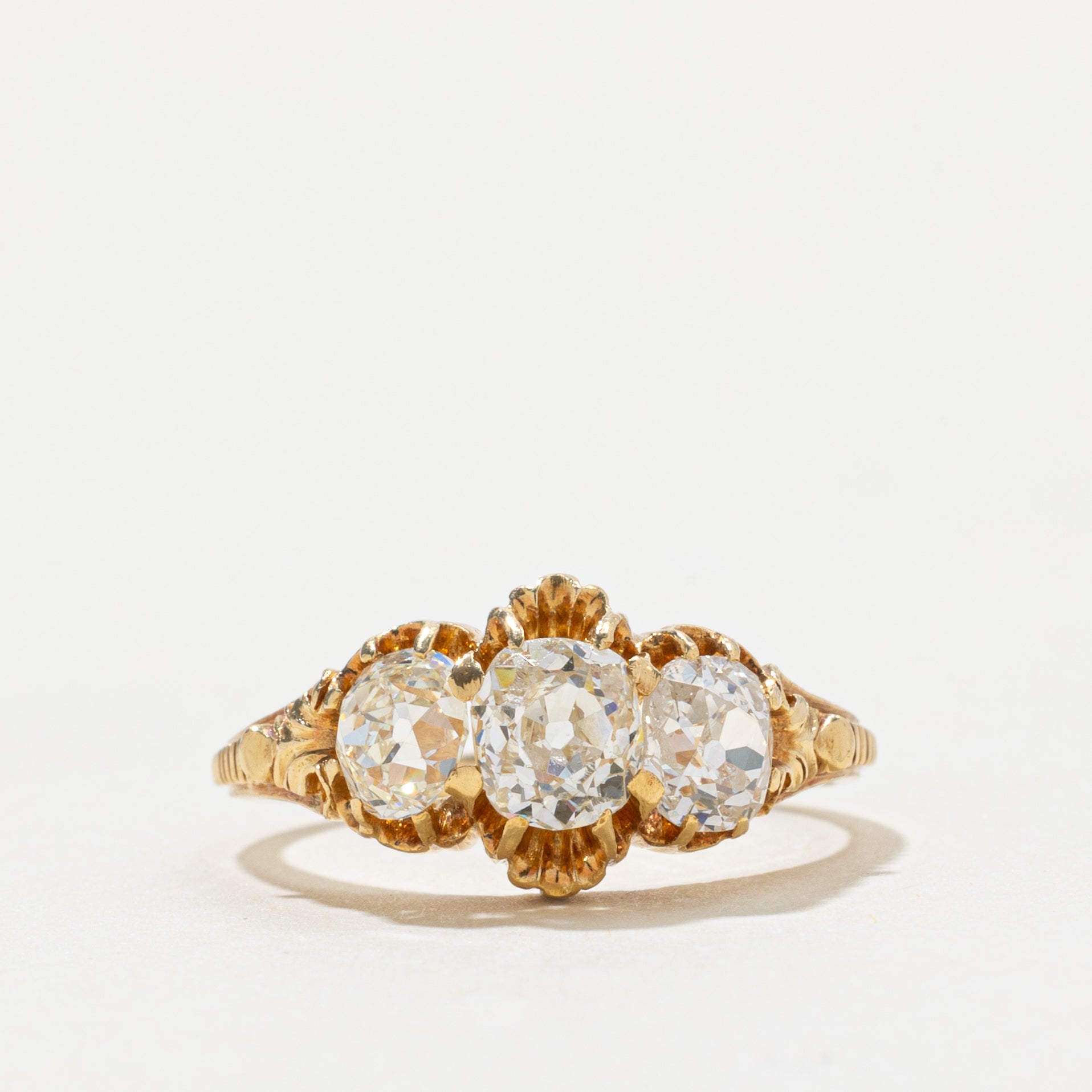 Victorian 18k Three Stone Old Mine Cut Diamond Ring | 0.60ct I1 H/I, 1.10ctw | SZ 5.75