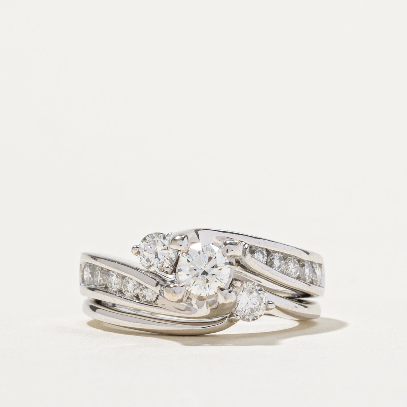 14k Three Stone Diagonal Set Diamond Wedding Ring Set | 0.81ctw | SZ 5